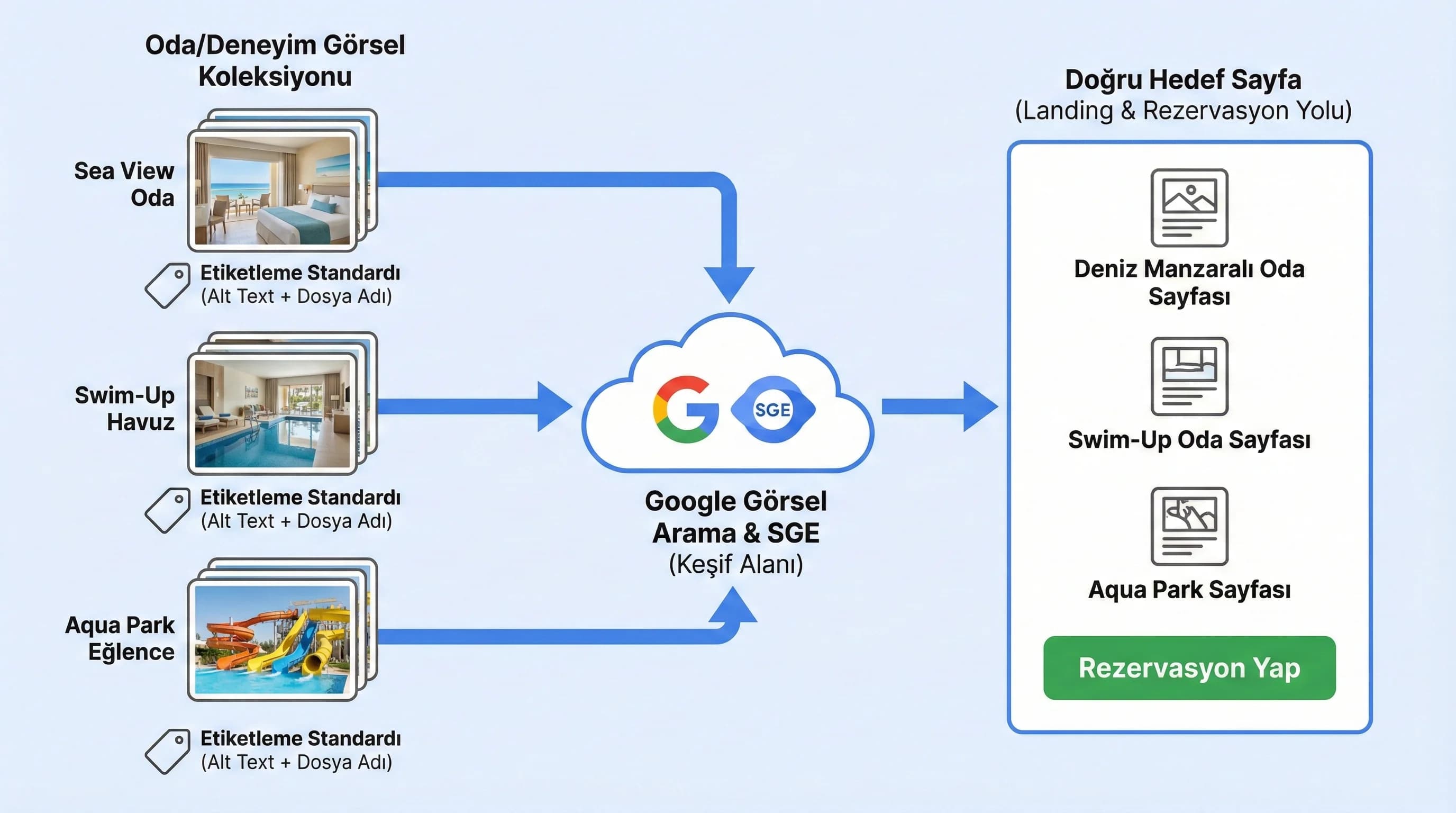 Oda/deneyim görsel koleksiyonu + linkleme + rezervasyon yolu bağlamı