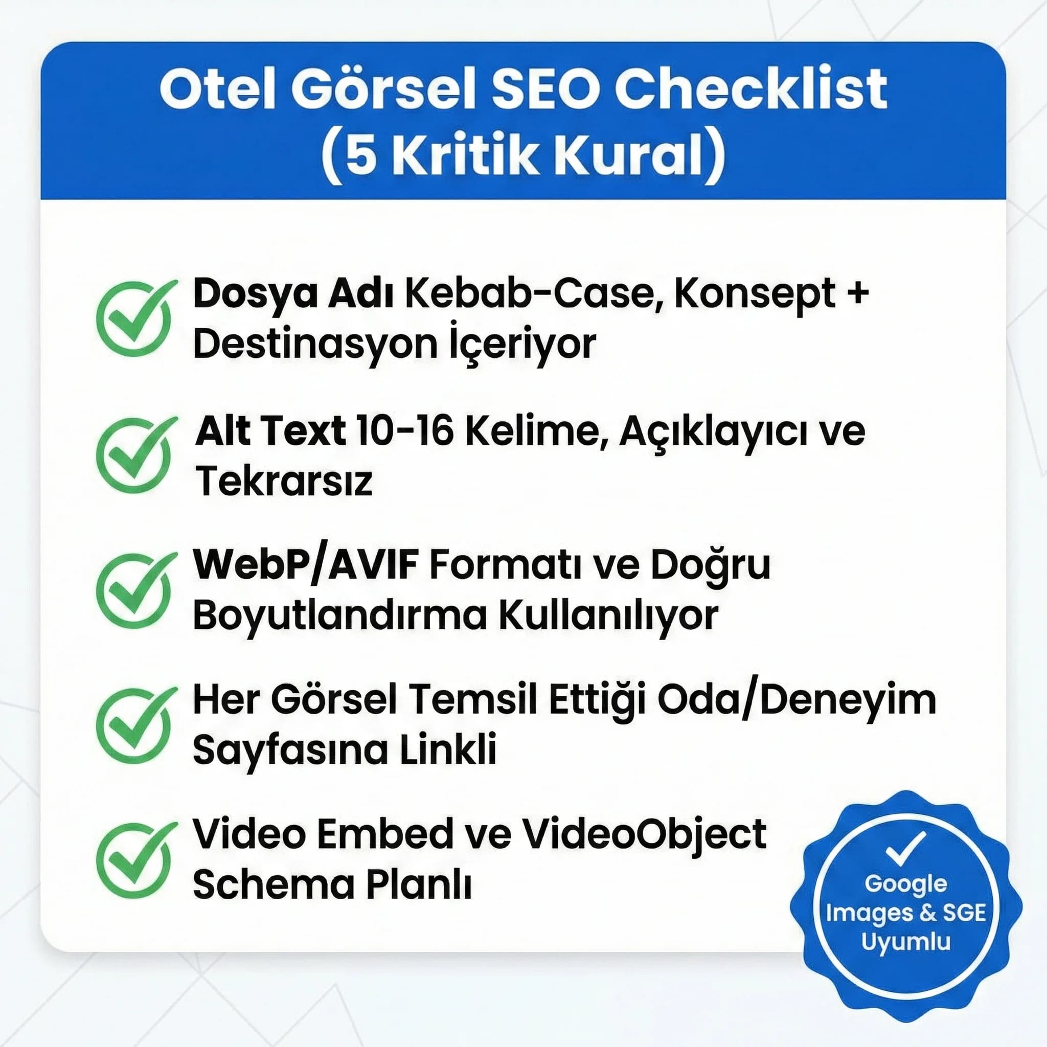 Görsel SEO checklist (alt/dosya adı/boyut/format/link hedefi)