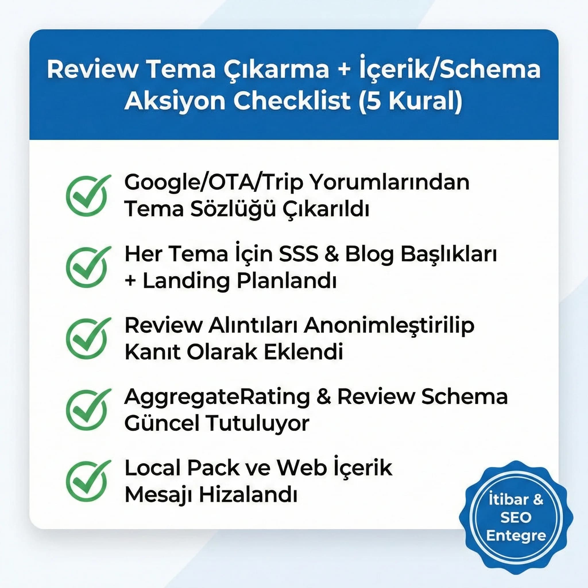 Review tema çıkarma + içerik/scheme aksiyon checklist