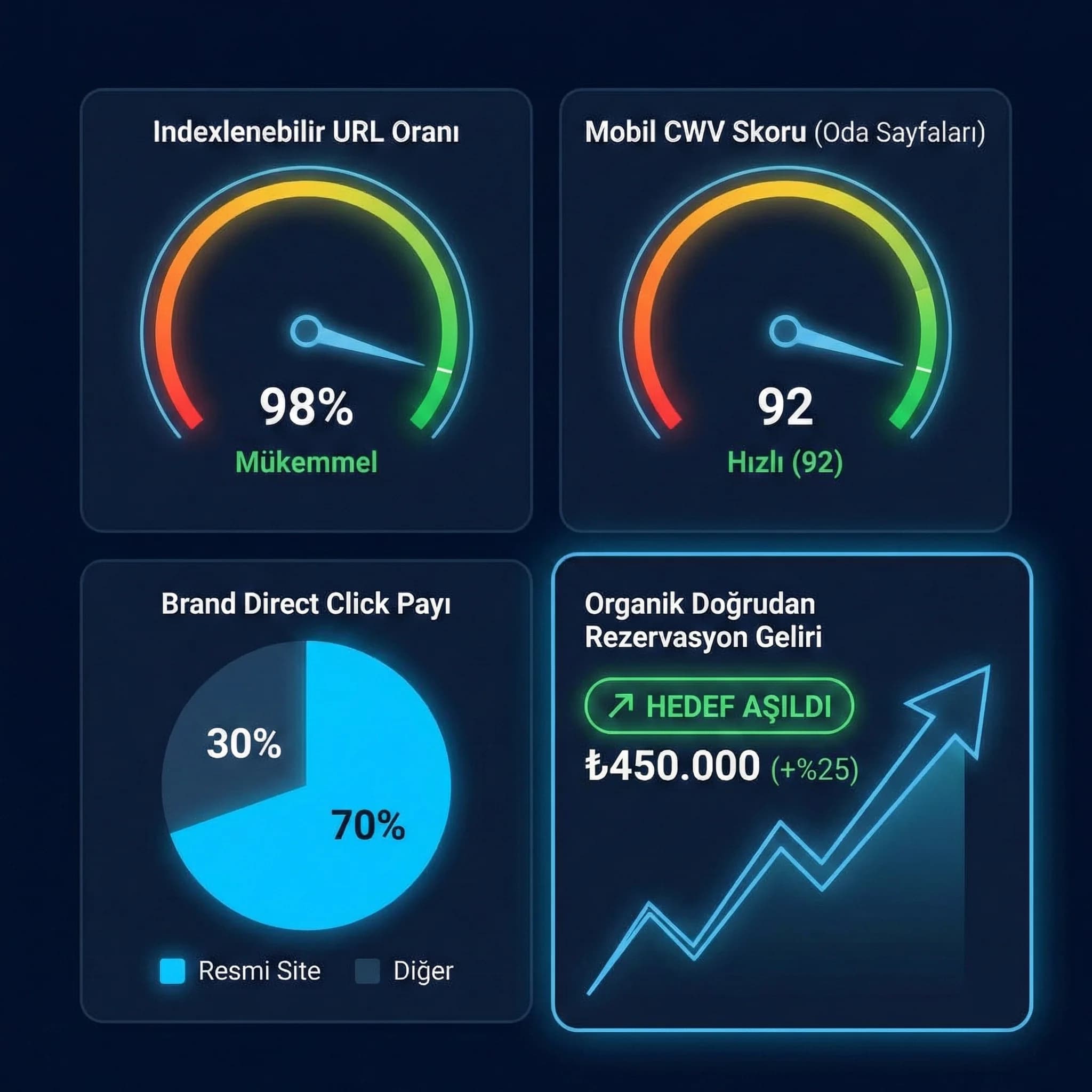 Indexlenebilirlik + CWV + brand click pay + organik direct booking KPI kartı