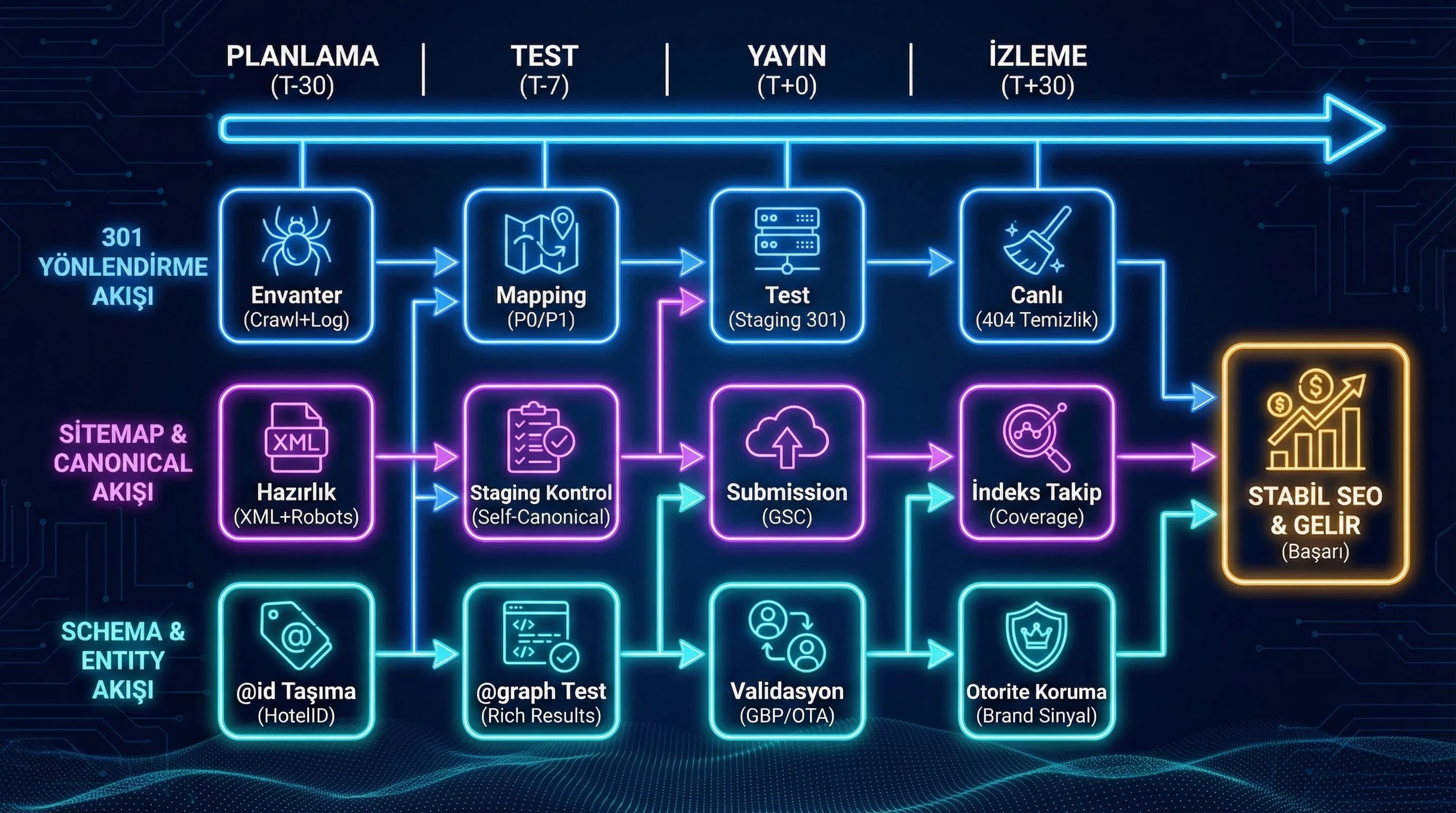 T-30/T-7/T+1/T+30 zaman çizelgesi + 301+sitemap+schema akışı