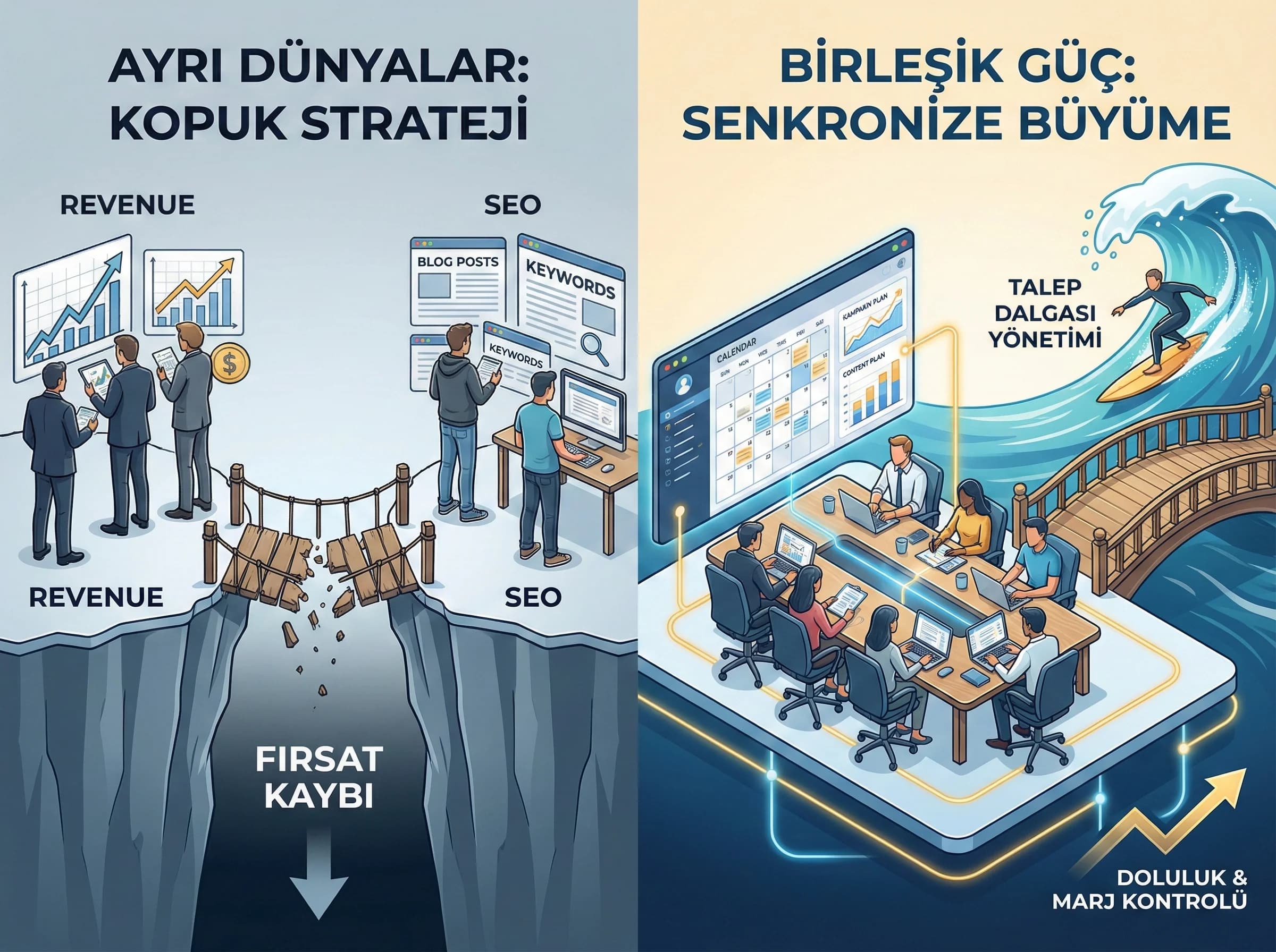 Talep dalgası yönetimi + SEO×Revenue senkronu