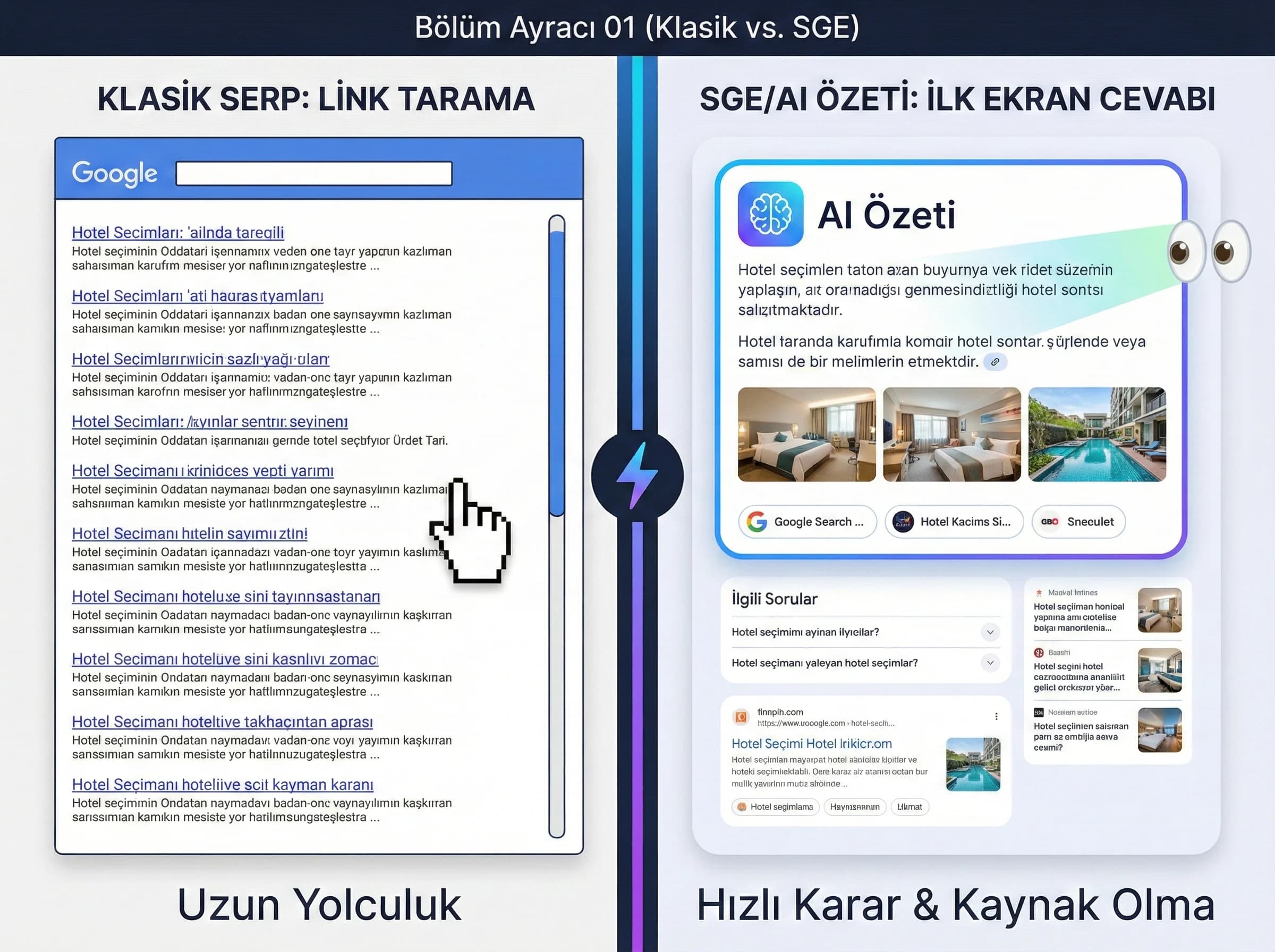 Klasik SERP vs SGE + otel karar ekranı + kısa cevap