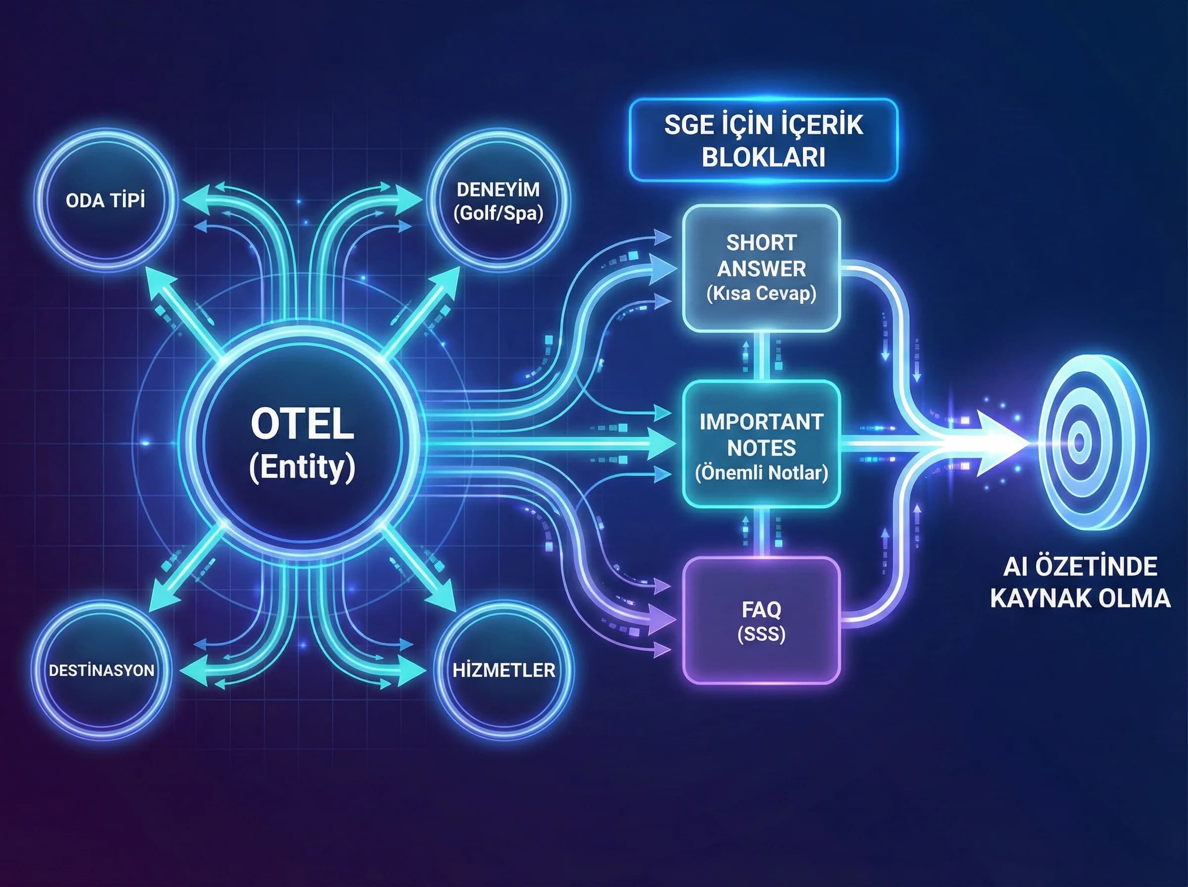 Entity-first + kaynak olma mantığı + otel içerik blokları