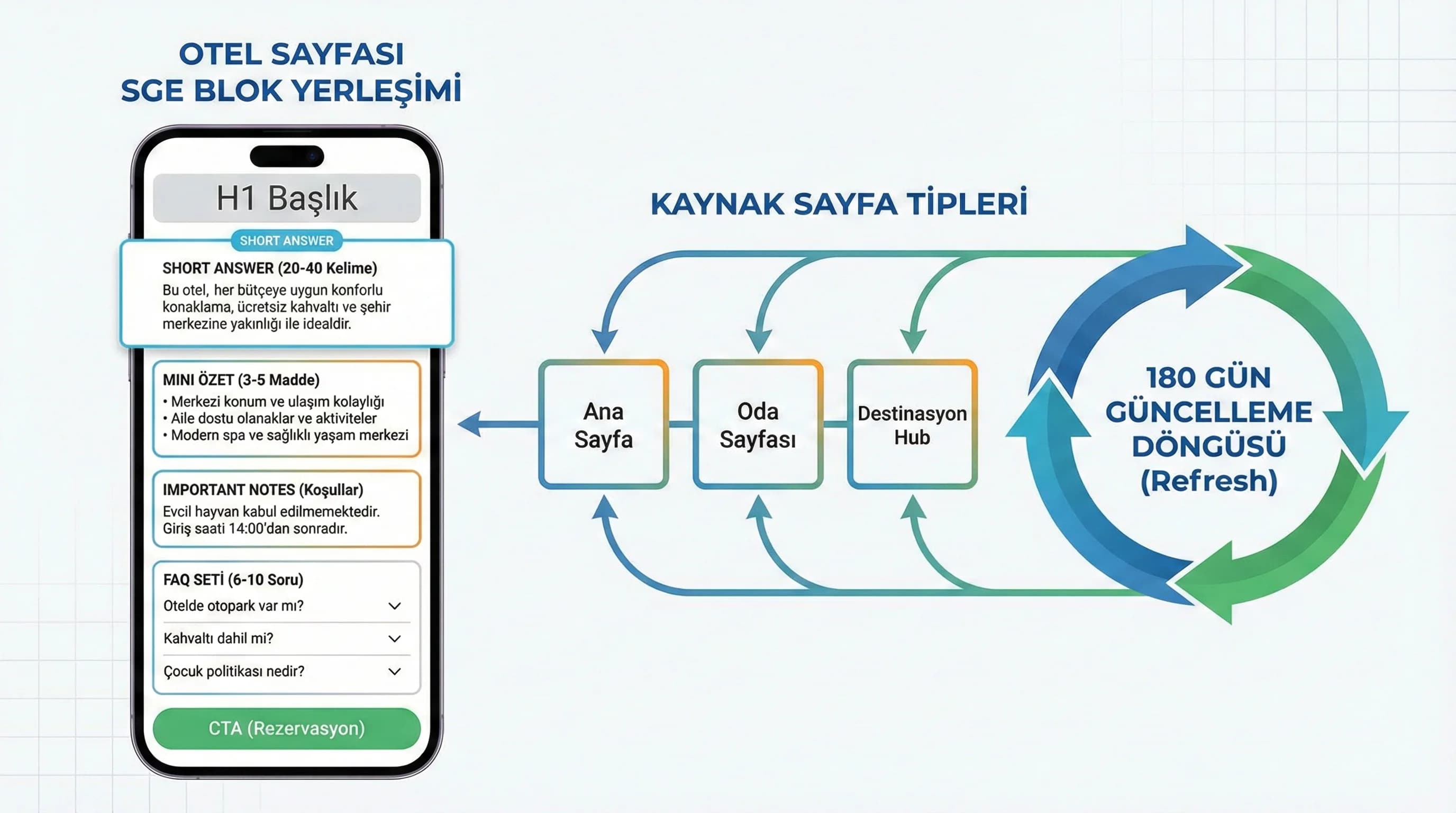 SGE answer block şablonu + kaynak sayfa tipleri