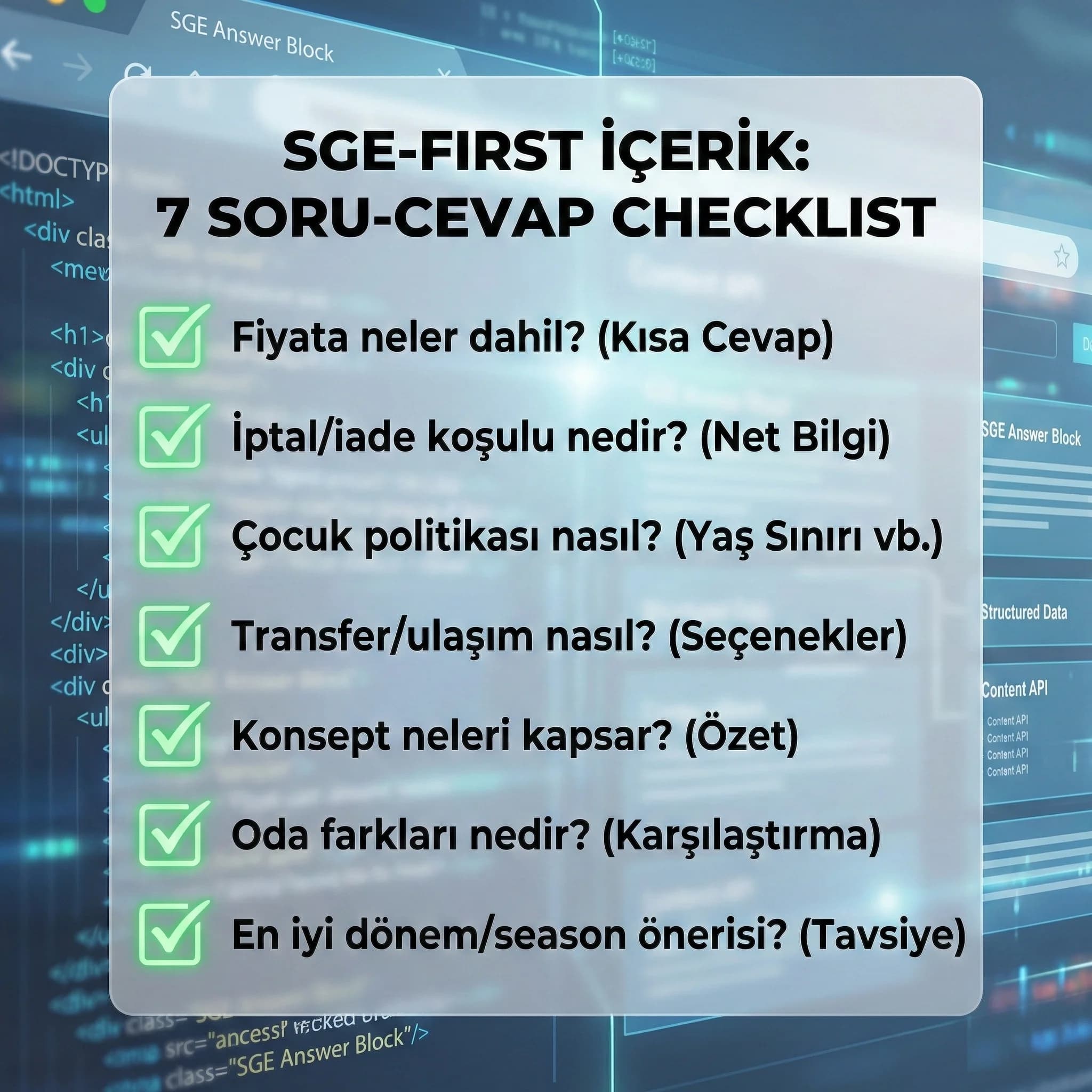 7 soru–cevap çifti checklist + sayfa yerleşimi