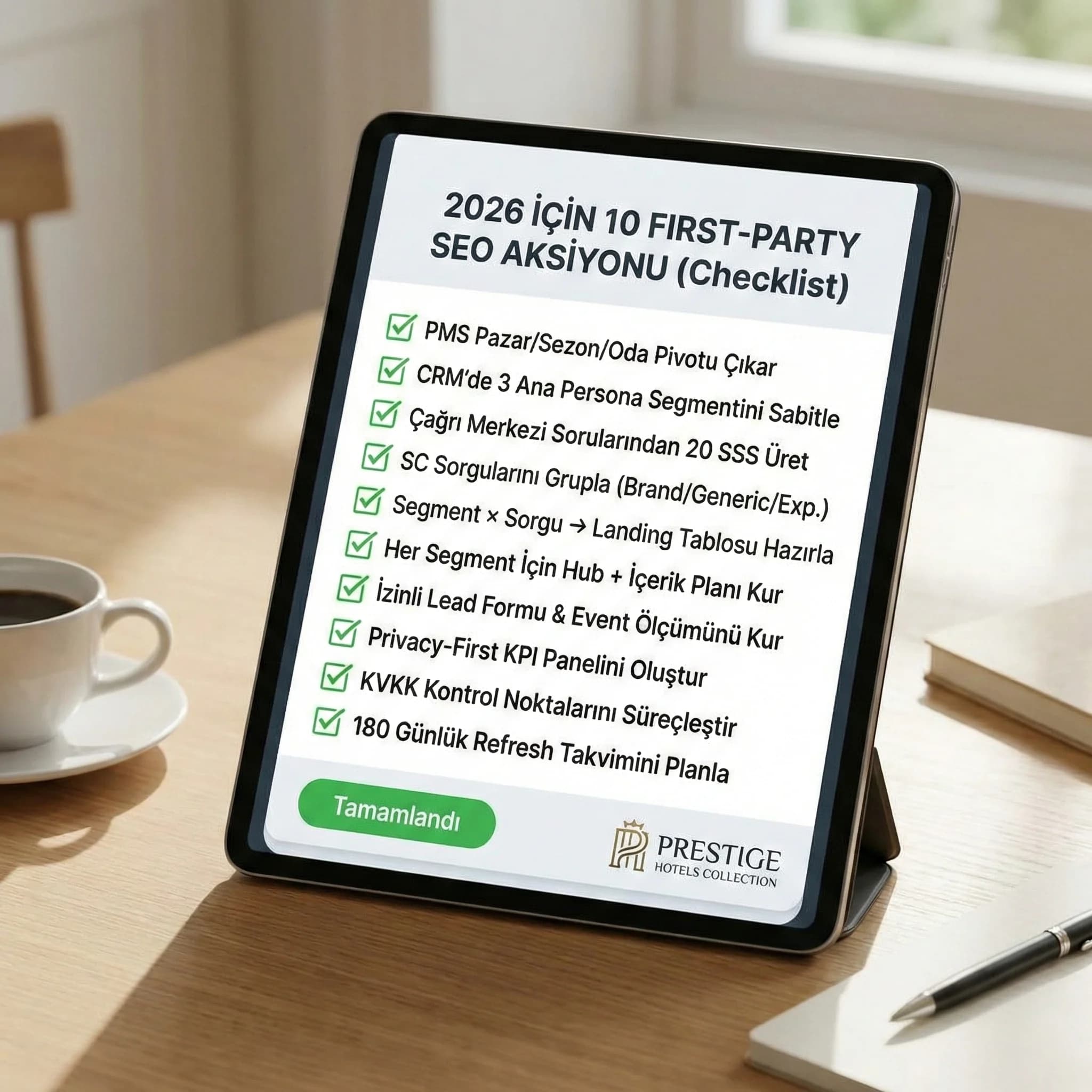 2026 için 10 first-party SEO aksiyonu + kontrol listesi + otel bağlamı