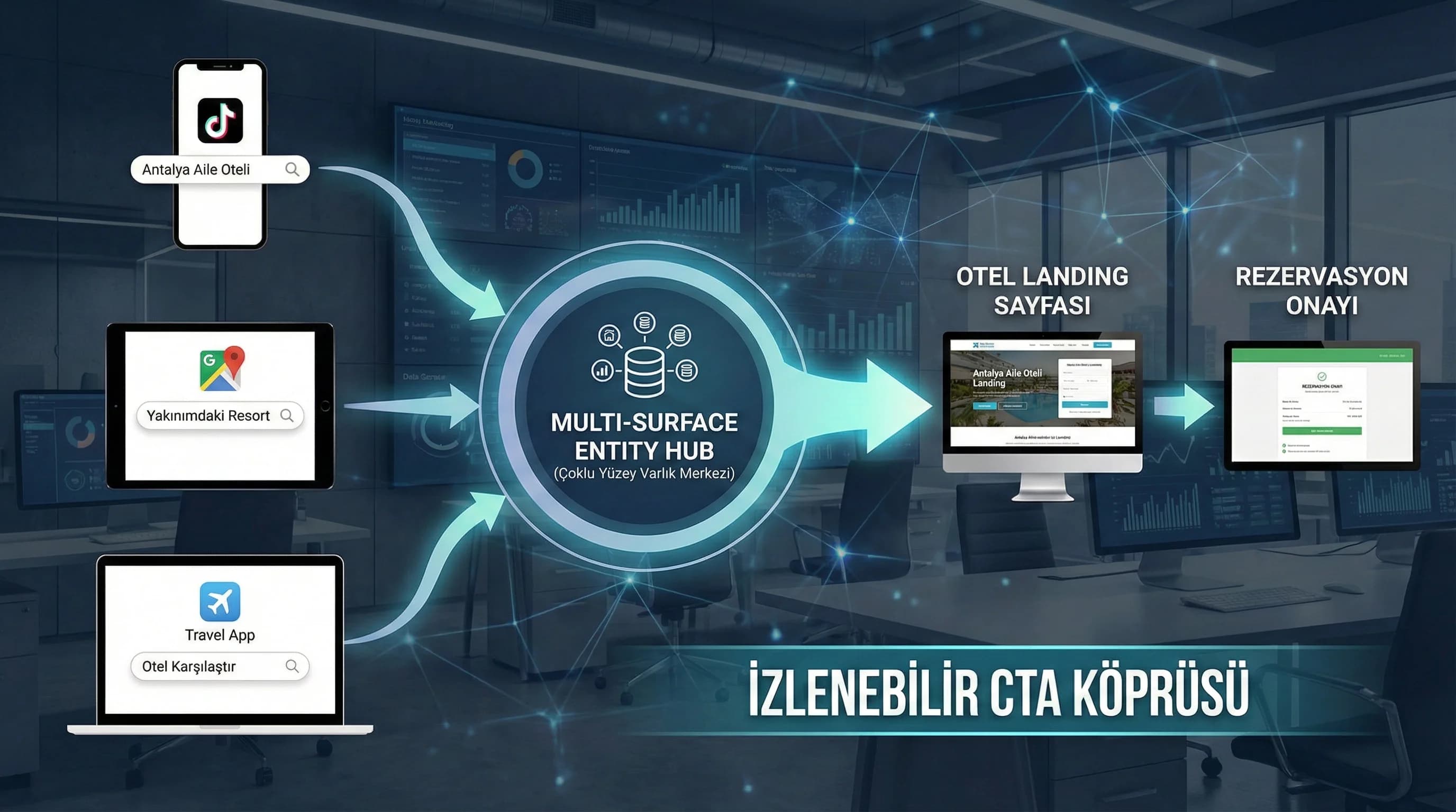 TikTok/Maps/Travel → landing → rezervasyon akışı + izlenebilir CTA