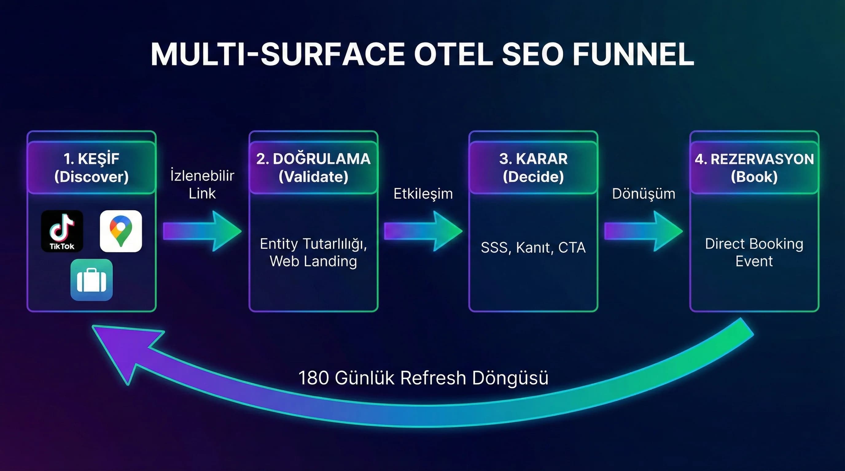 Google/TikTok/Maps/OTA → landing → booking multi-surface funnel diyagramı