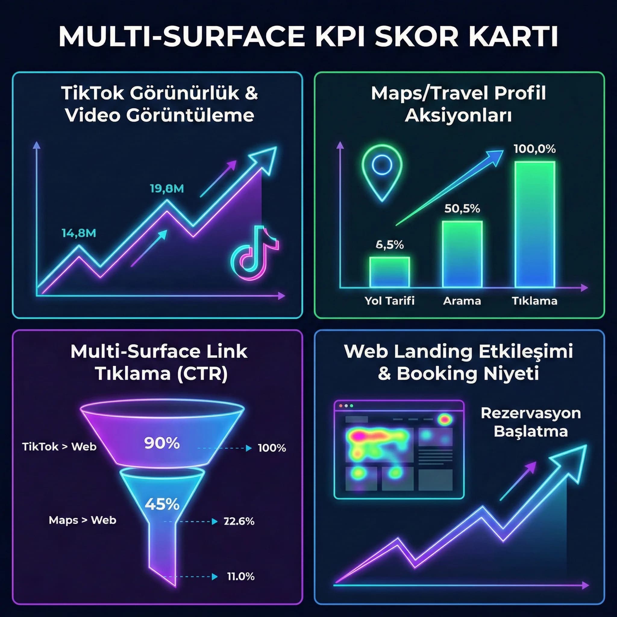 Multi-surface KPI paneli: görünürlük + tıklama payı + landing etkileşimi”