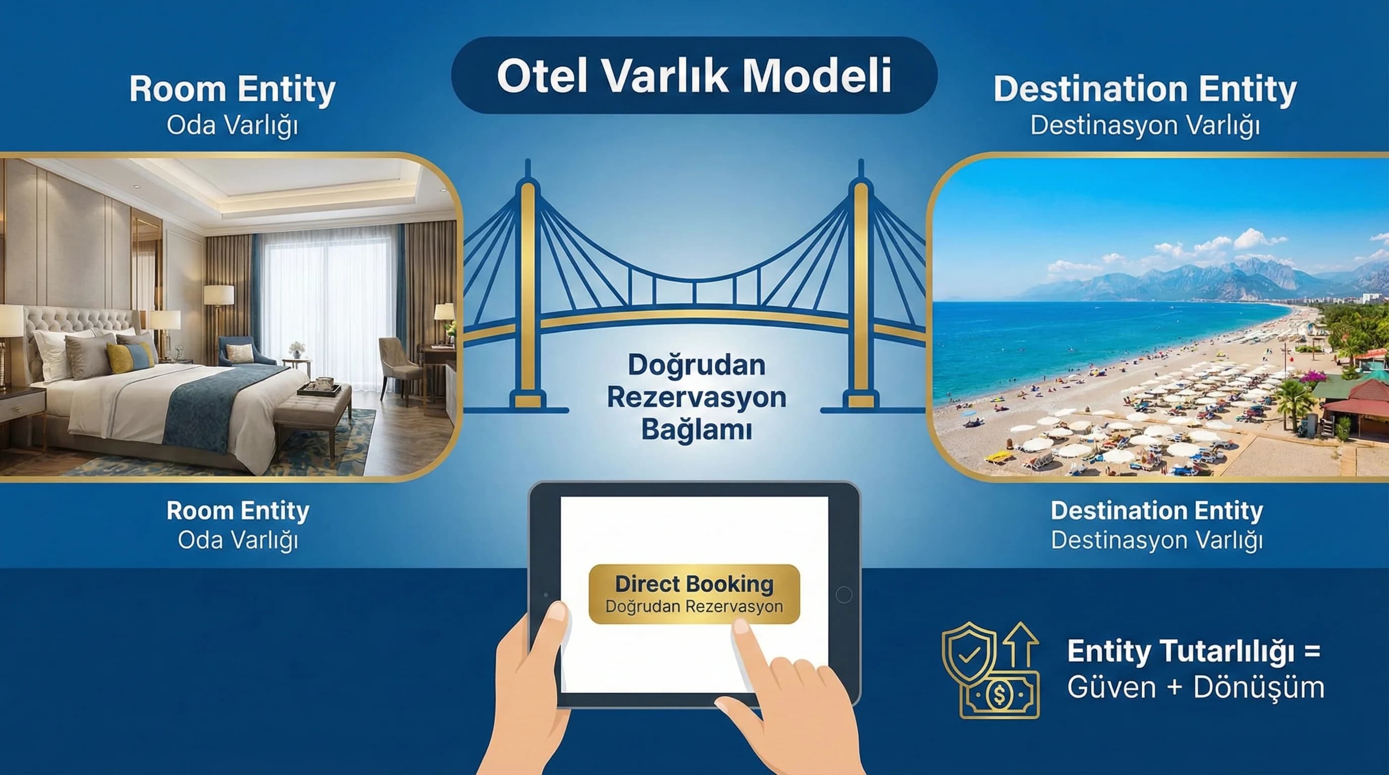 Otel varlık modeli + oda/destinasyon ilişkileri + direct booking bağlamı