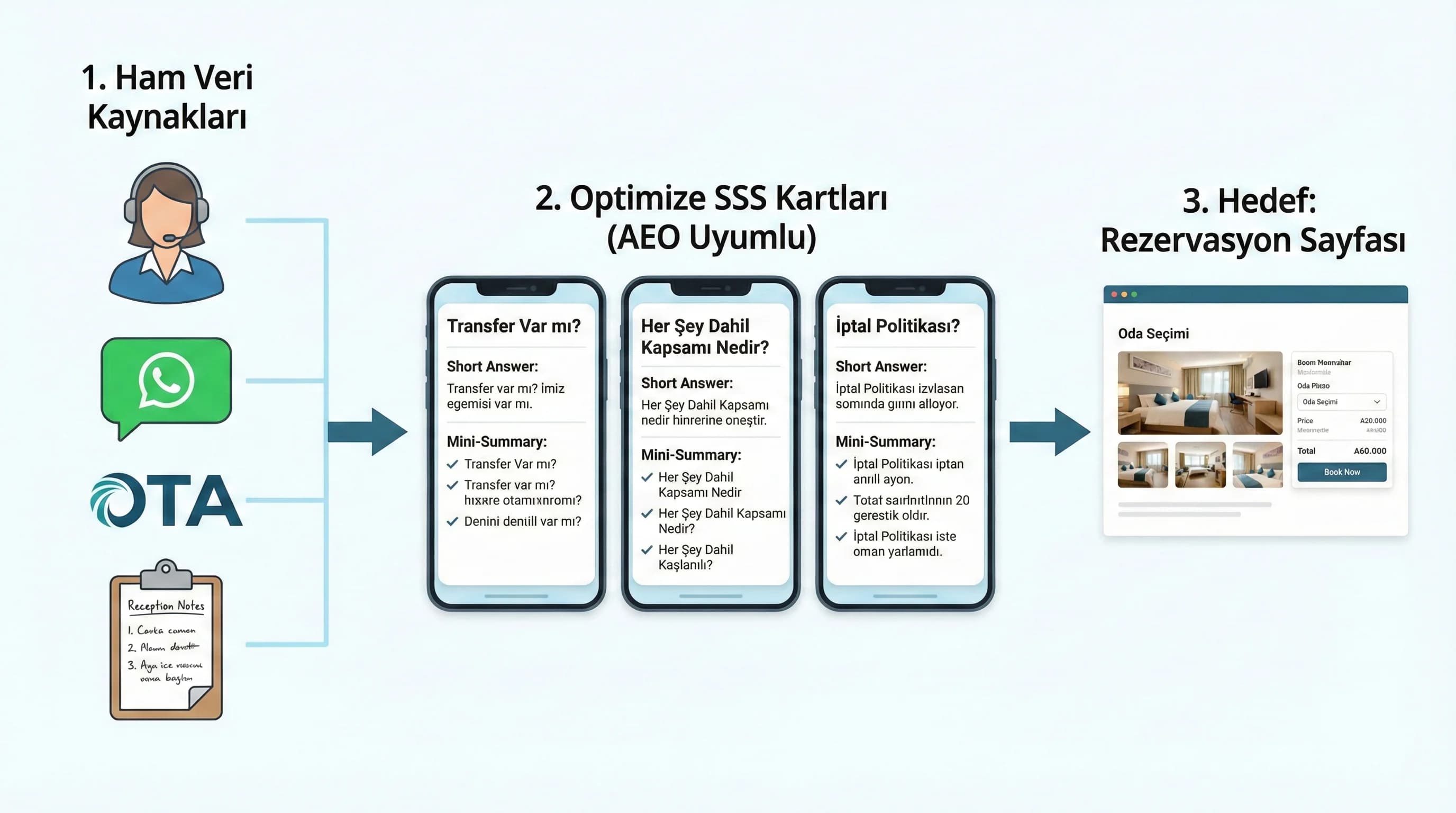 Gerçek soru bankası + kısa cevap kartları + rezervasyona yönlendirme bağlamı