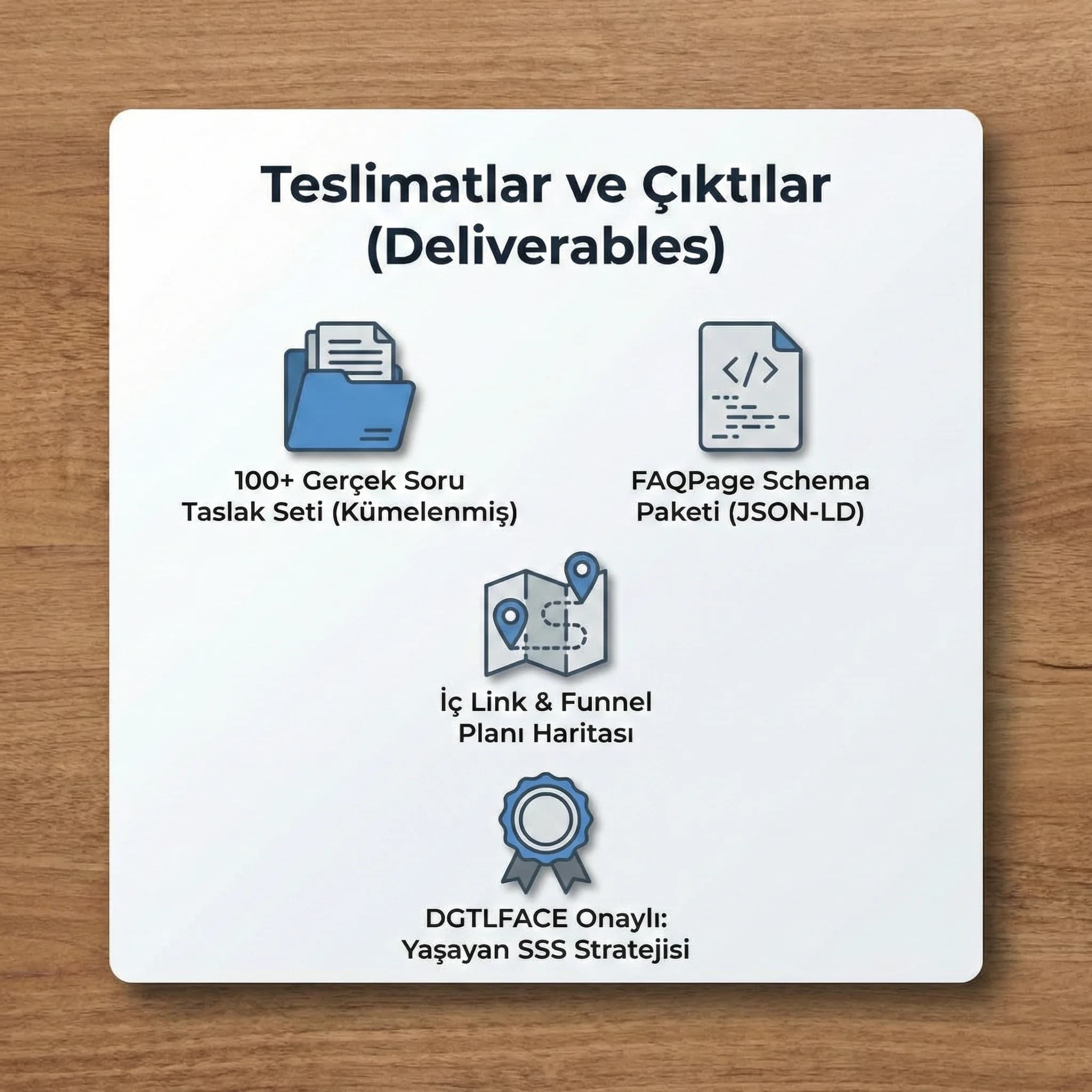 100+ SSS seti + schema paketi + link planı deliverables