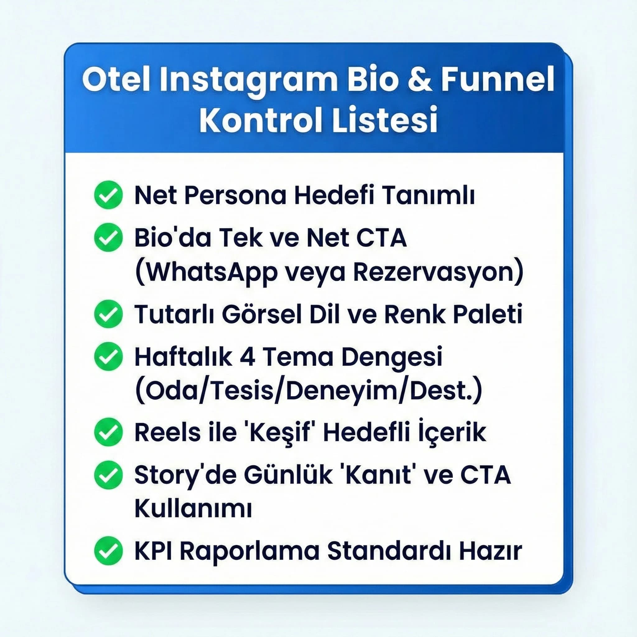 Otel Instagram bio ve funnel kontrol listesini özetleyen kart