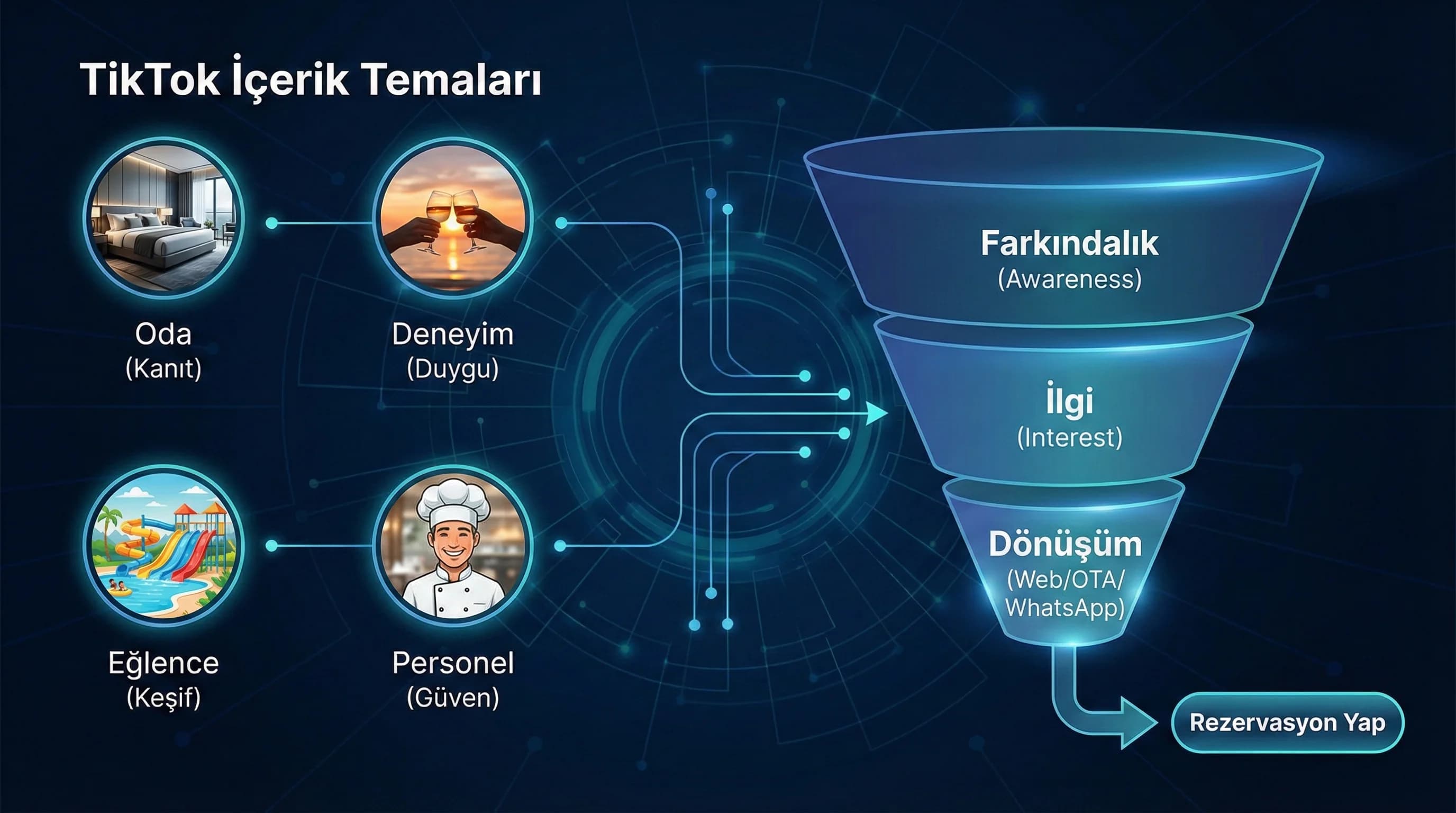 TikTok tema seti ve funnel adımlarını özetleyen görsel