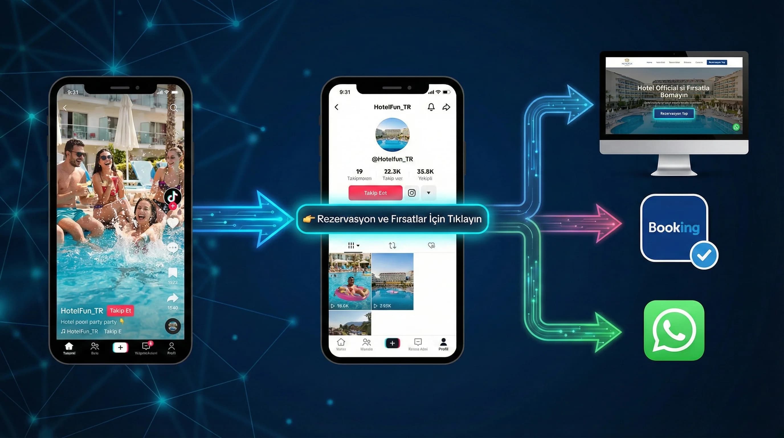 TikTok→profil→web/OTA/WhatsApp yönlendirme funnel diyagramı