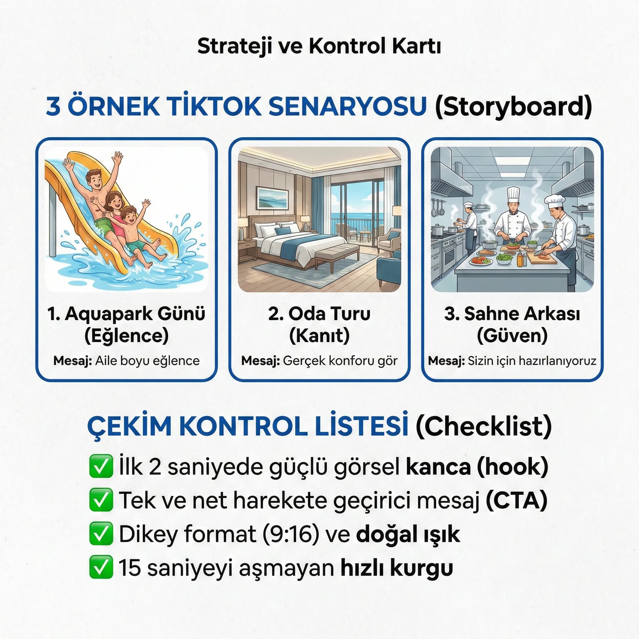 3 örnek TikTok senaryosu ve çekim checklist kartı