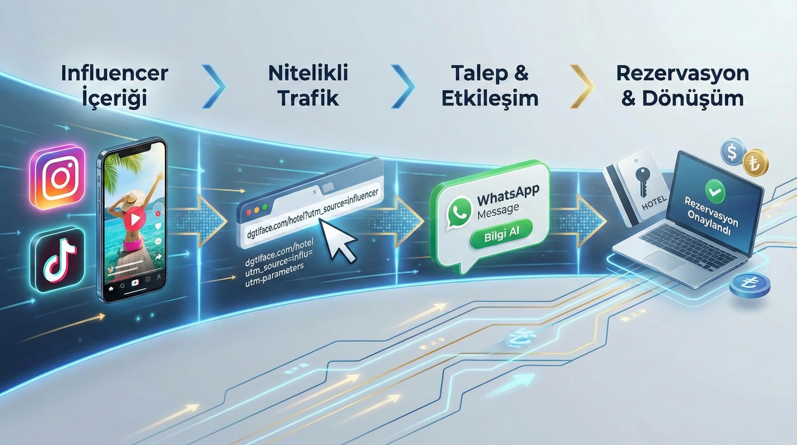 Influencer→trafik→talep→rezervasyon funnel özet görseli