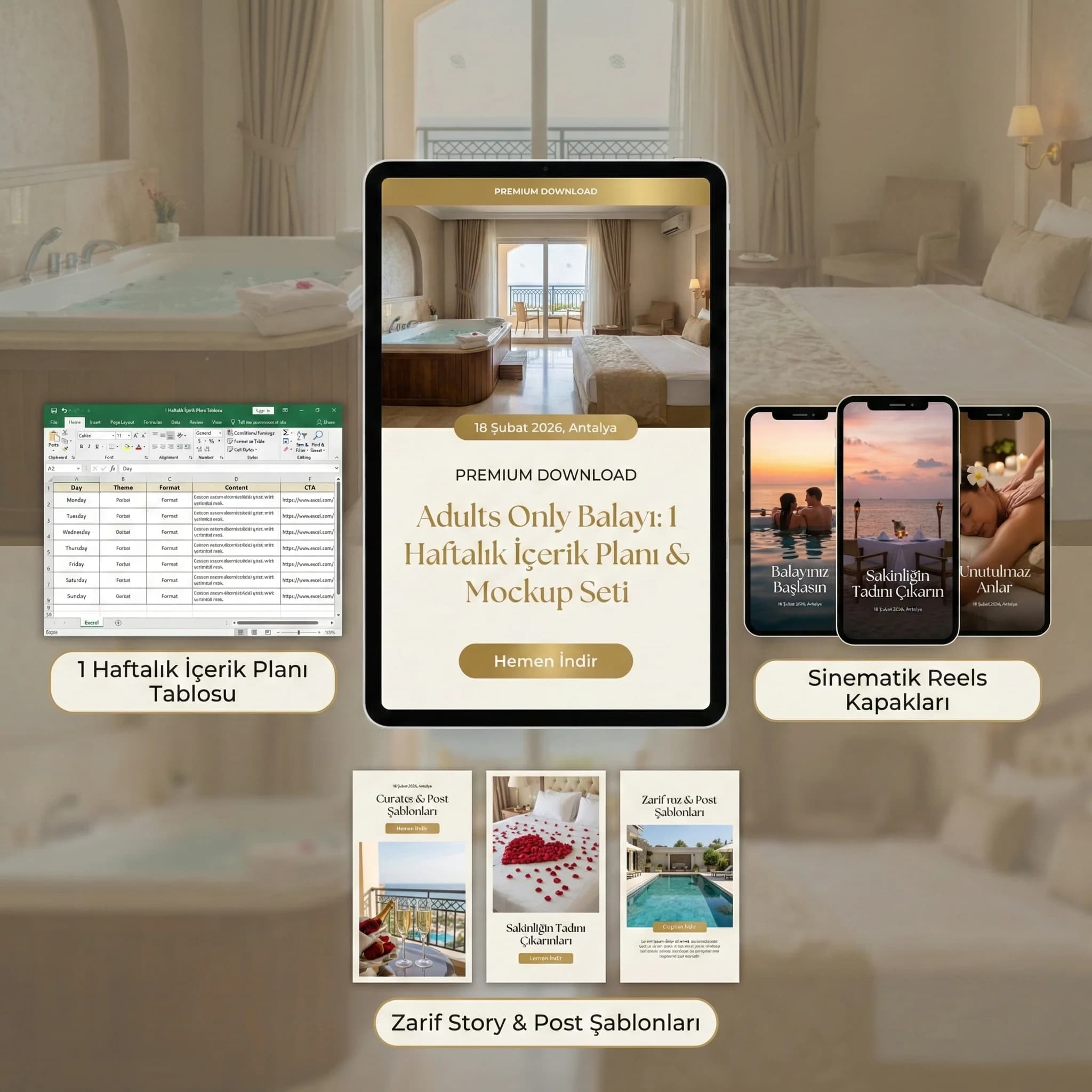 Balayı odası ve çift temalı mockup’ları gösteren proof kartı
