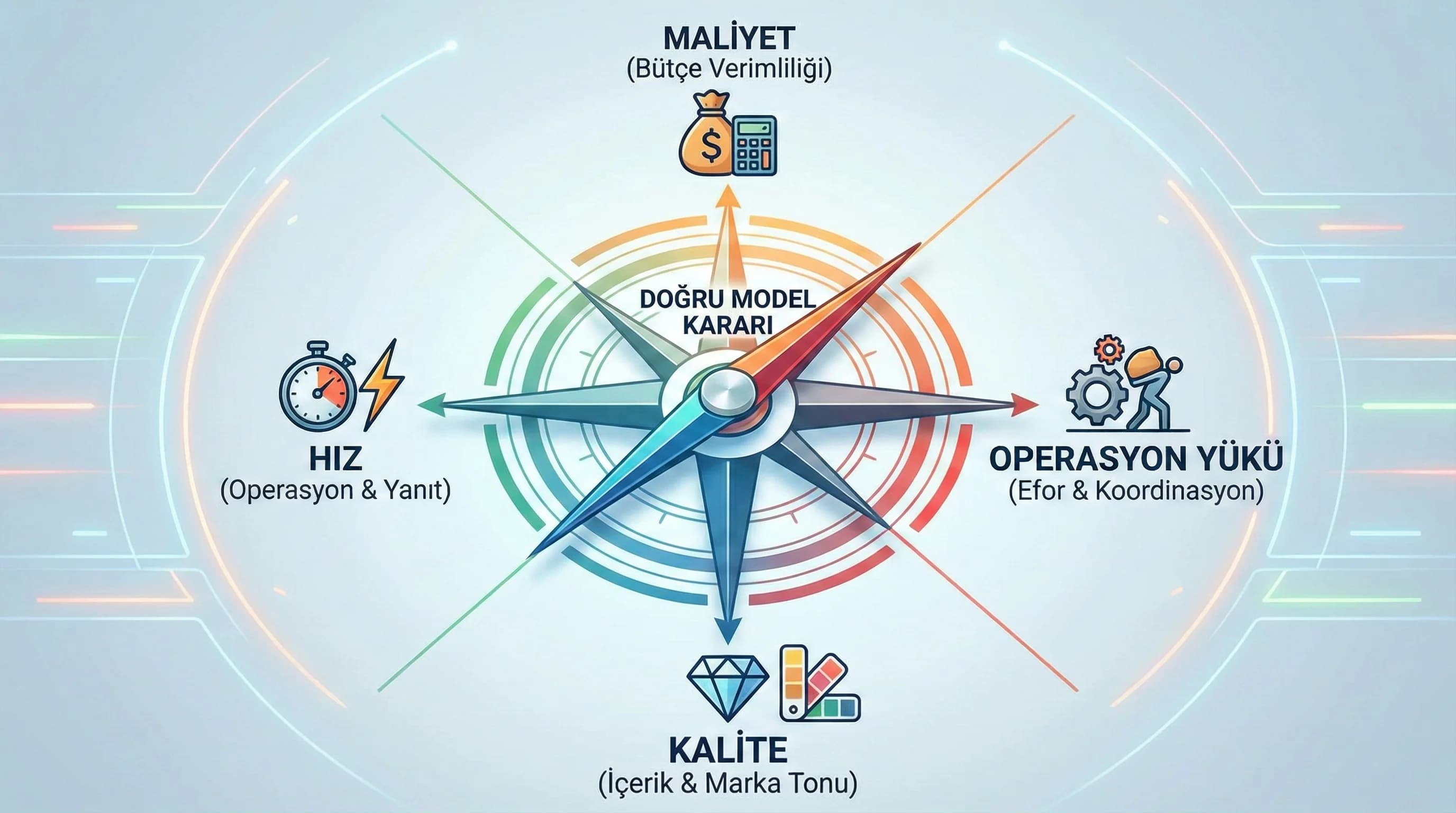 Maliyet–kalite–hız ekseninde model etkisi görseli