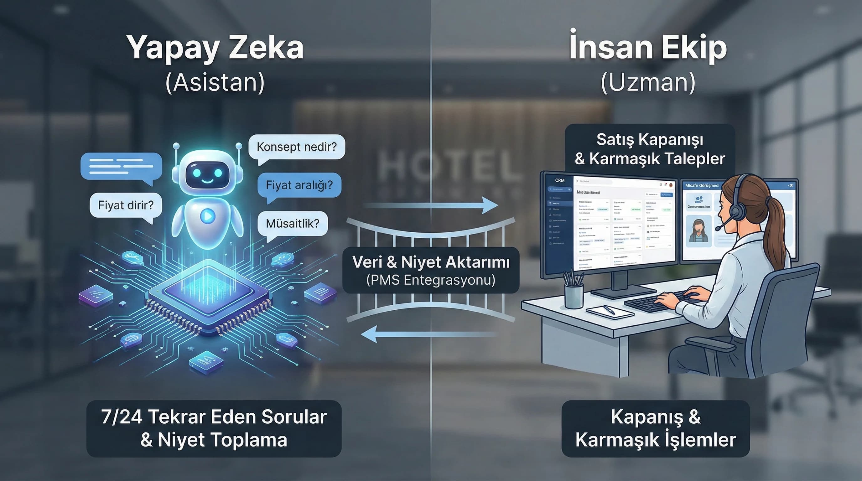 AI ve insan görev paylaşımıyla otel mesaj trafiğini yöneten konsept görseli