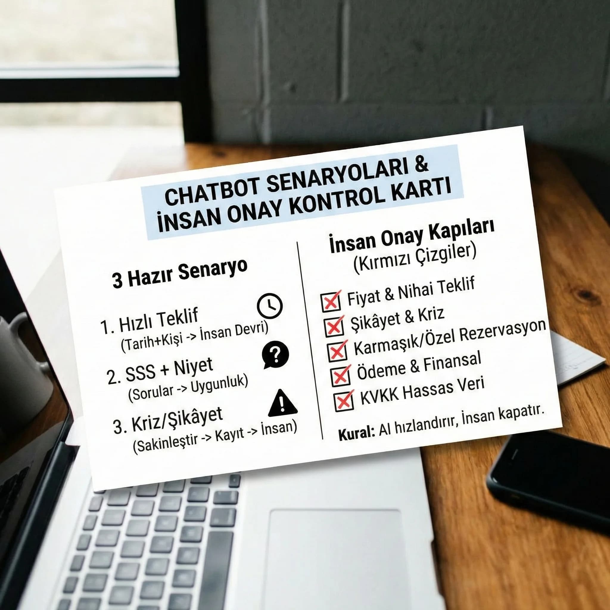 3 chatbot senaryosu ve insan onay kapıları kontrol kartı