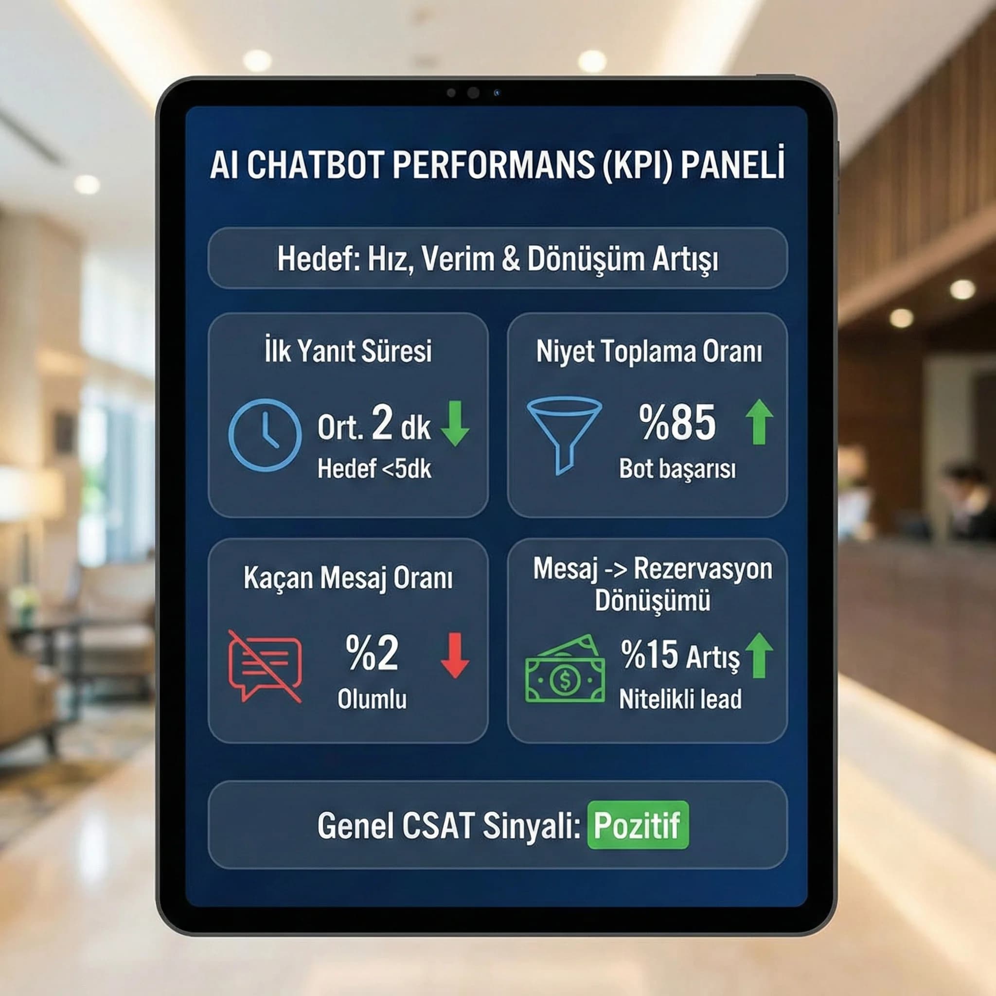 AI chatbot sonrası yanıt süresi ve dönüşüm KPI kartı
