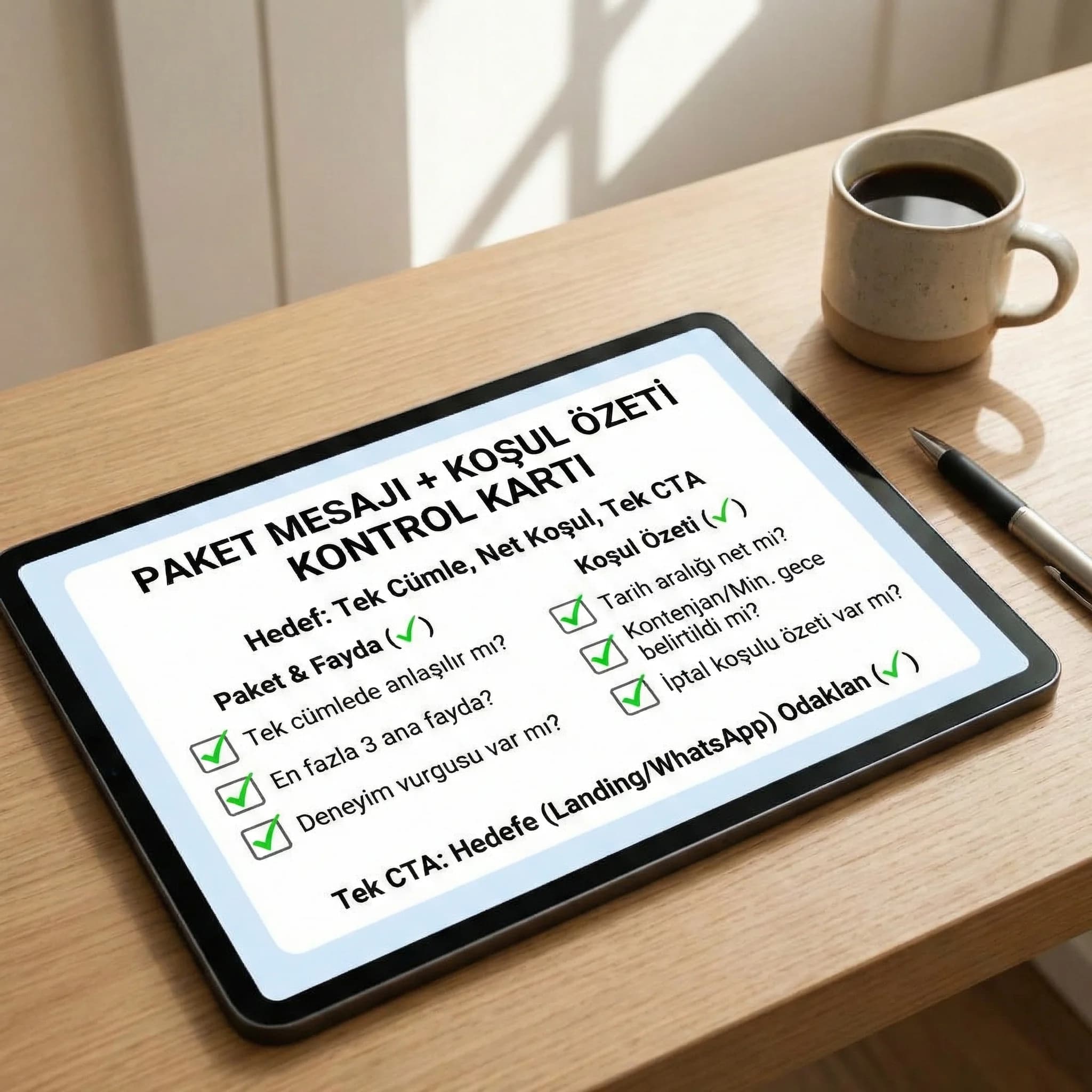 paket mesajı + koşul özeti + tek CTA kontrol kartı