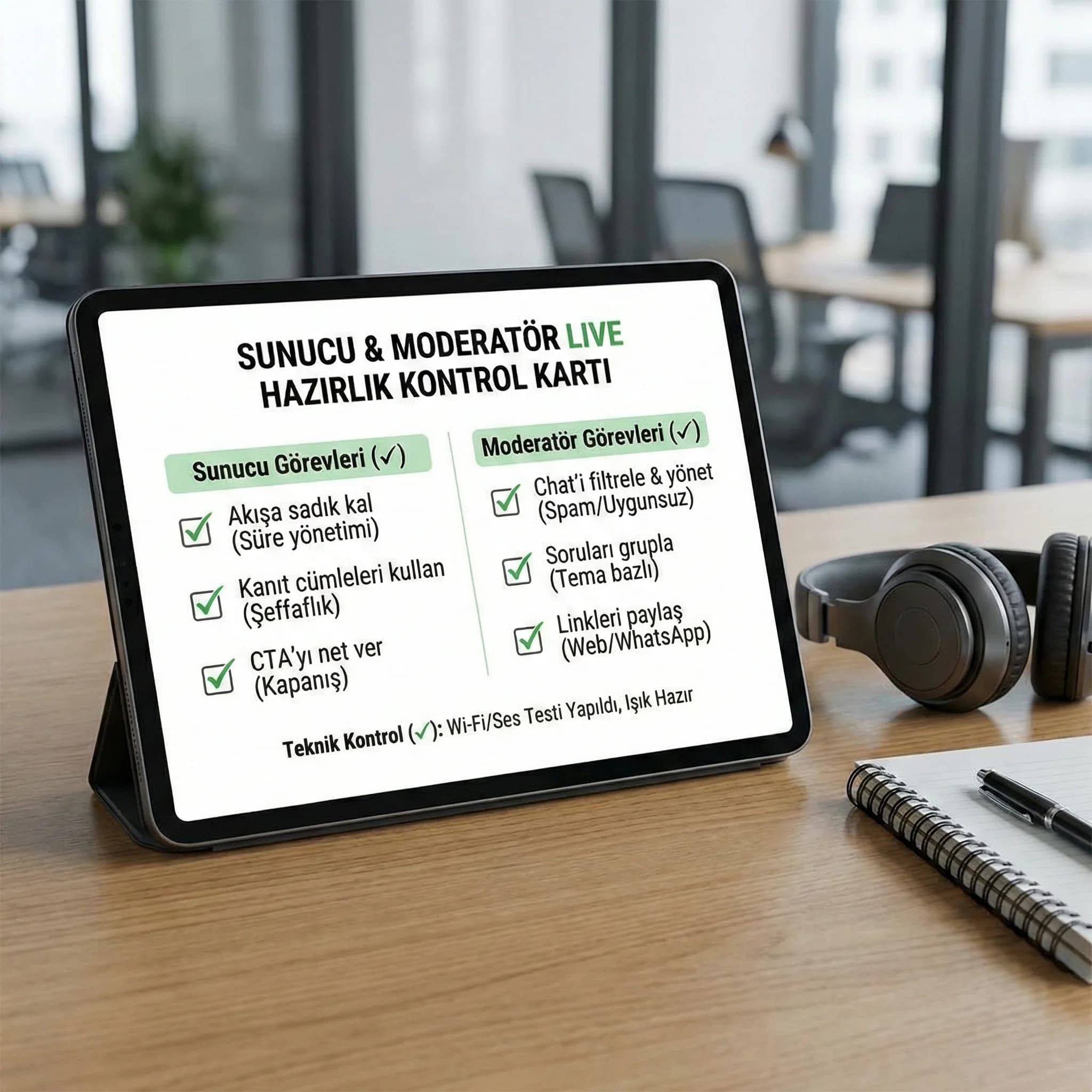 Sunucu moderatör görevleri ve teknik hazırlık kontrol kartı görseli