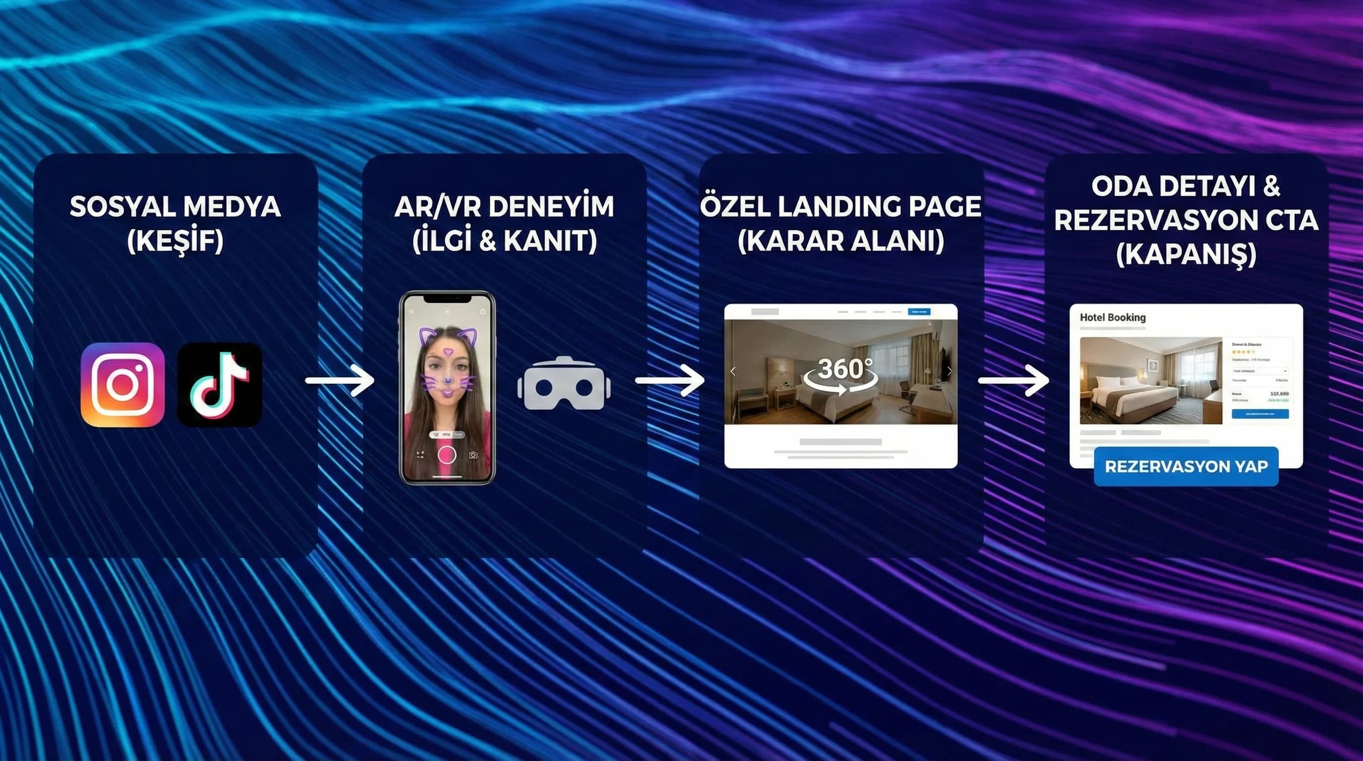 Sosyal→AR/VR→landing→rezervasyon akış özeti görseli