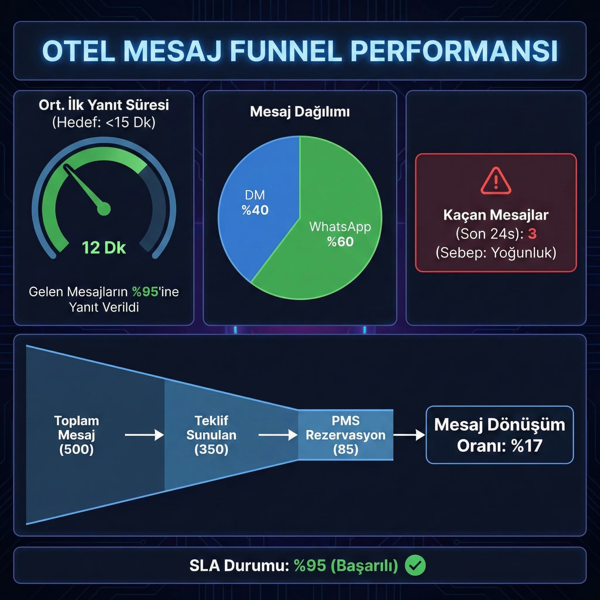 Yanıt süresi ve dönüşümü gösteren mesaj KPI kartı