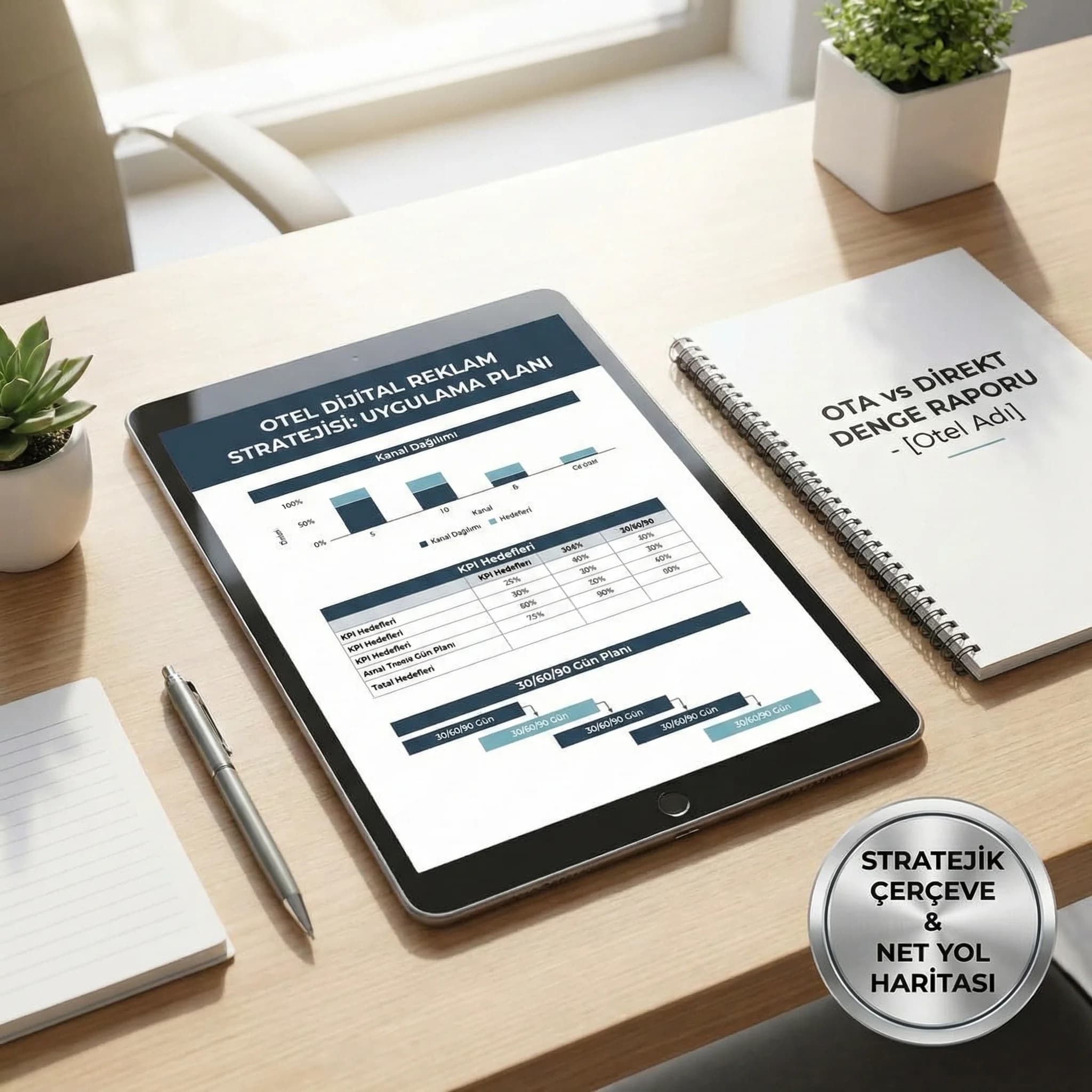 Otel reklam stratejisi deliverables ve güven unsurlarını gösteren kart