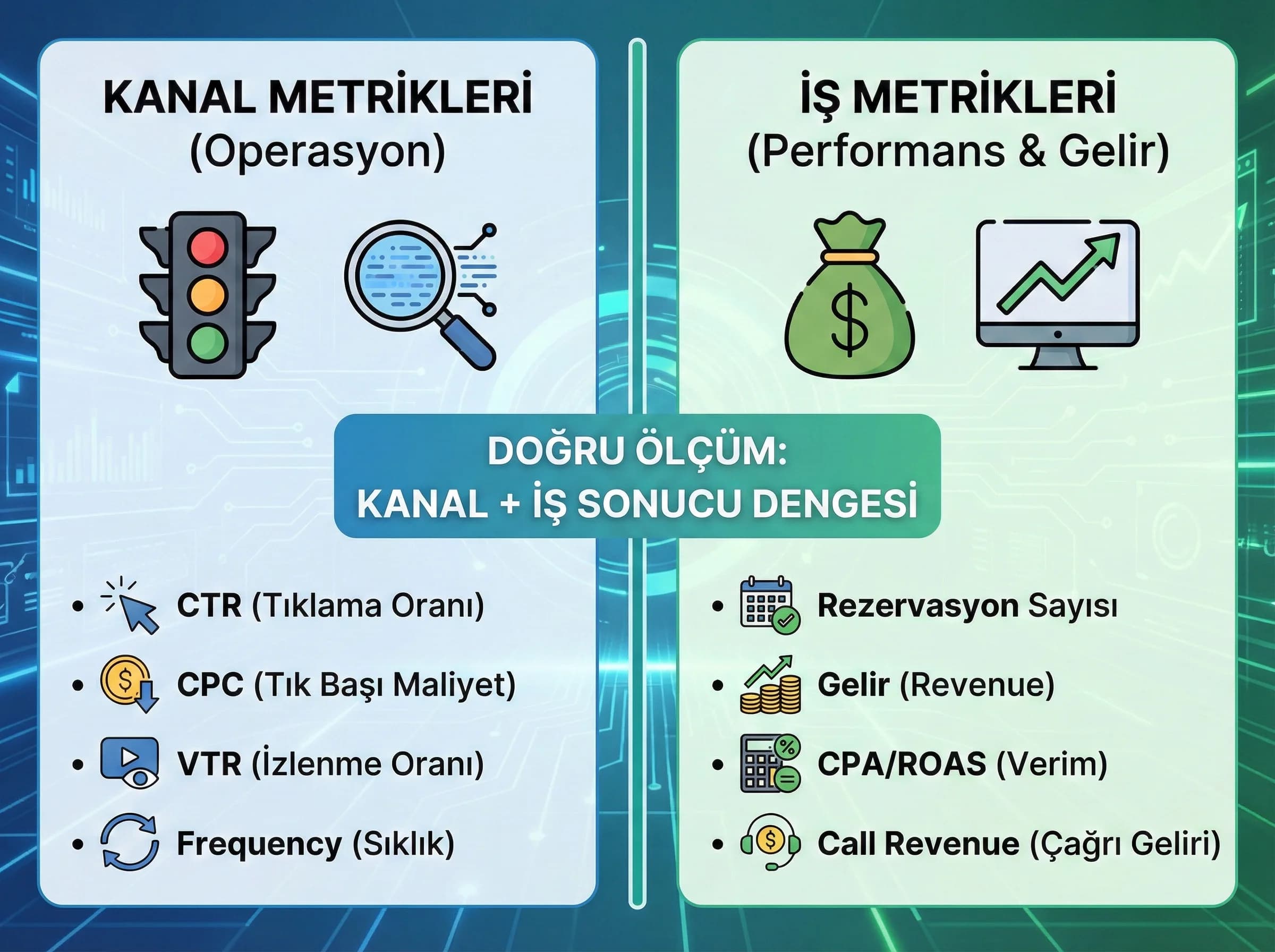 Otel reklam KPI’larını kanal ve iş sonucu olarak ayıran bölüm görseli