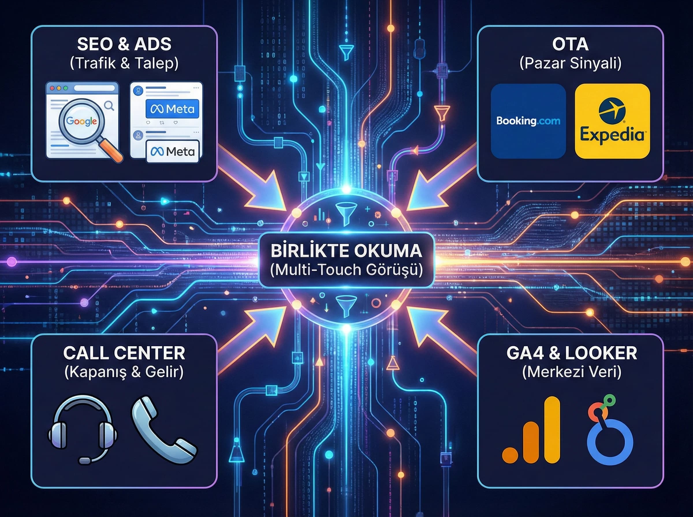 SEO Ads OTA call center verisini birlikte okuma mantığını vurgulayan görsel