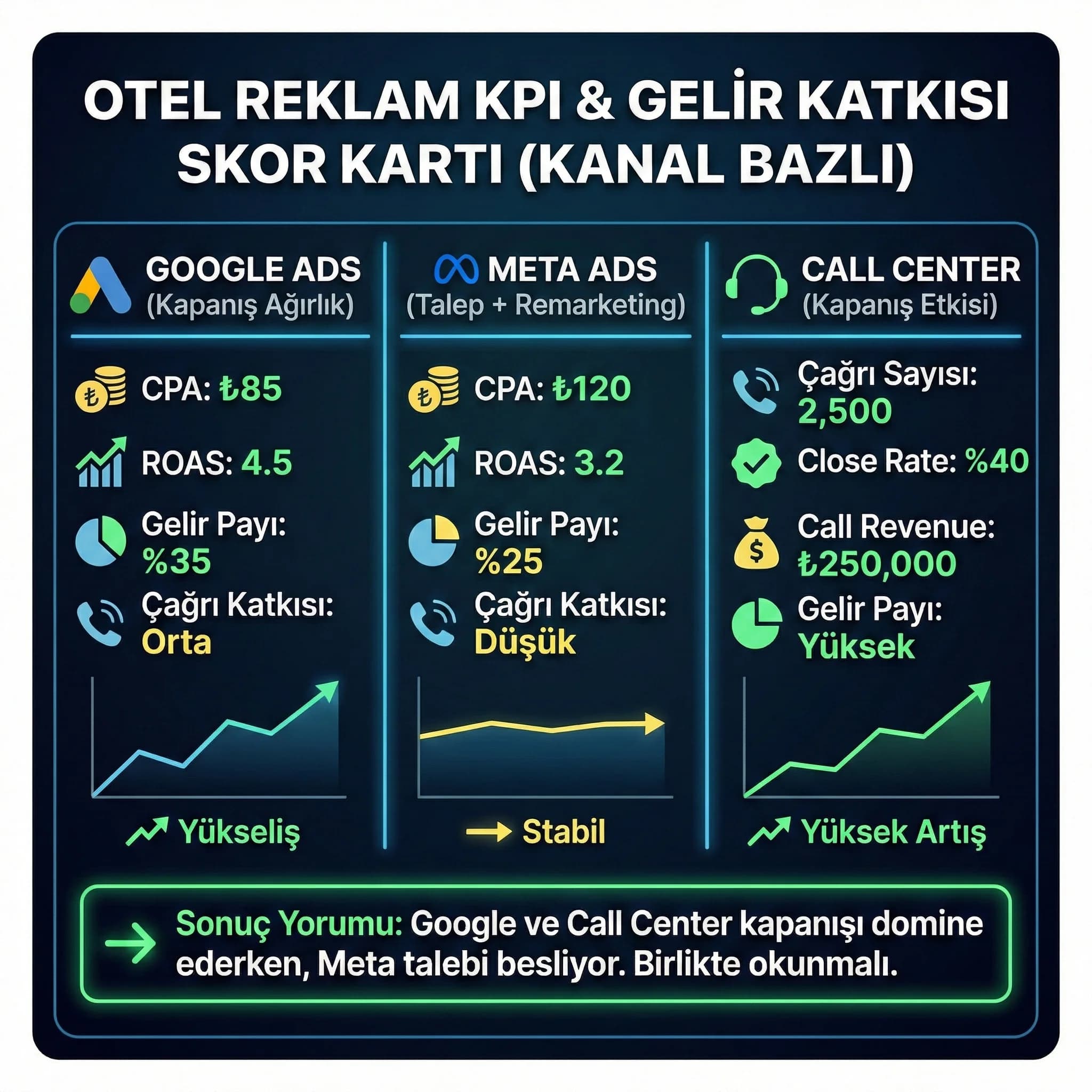 Kanal bazlı CTR CPA ROAS ve gelir katkısını özetleyen otel KPI kartı