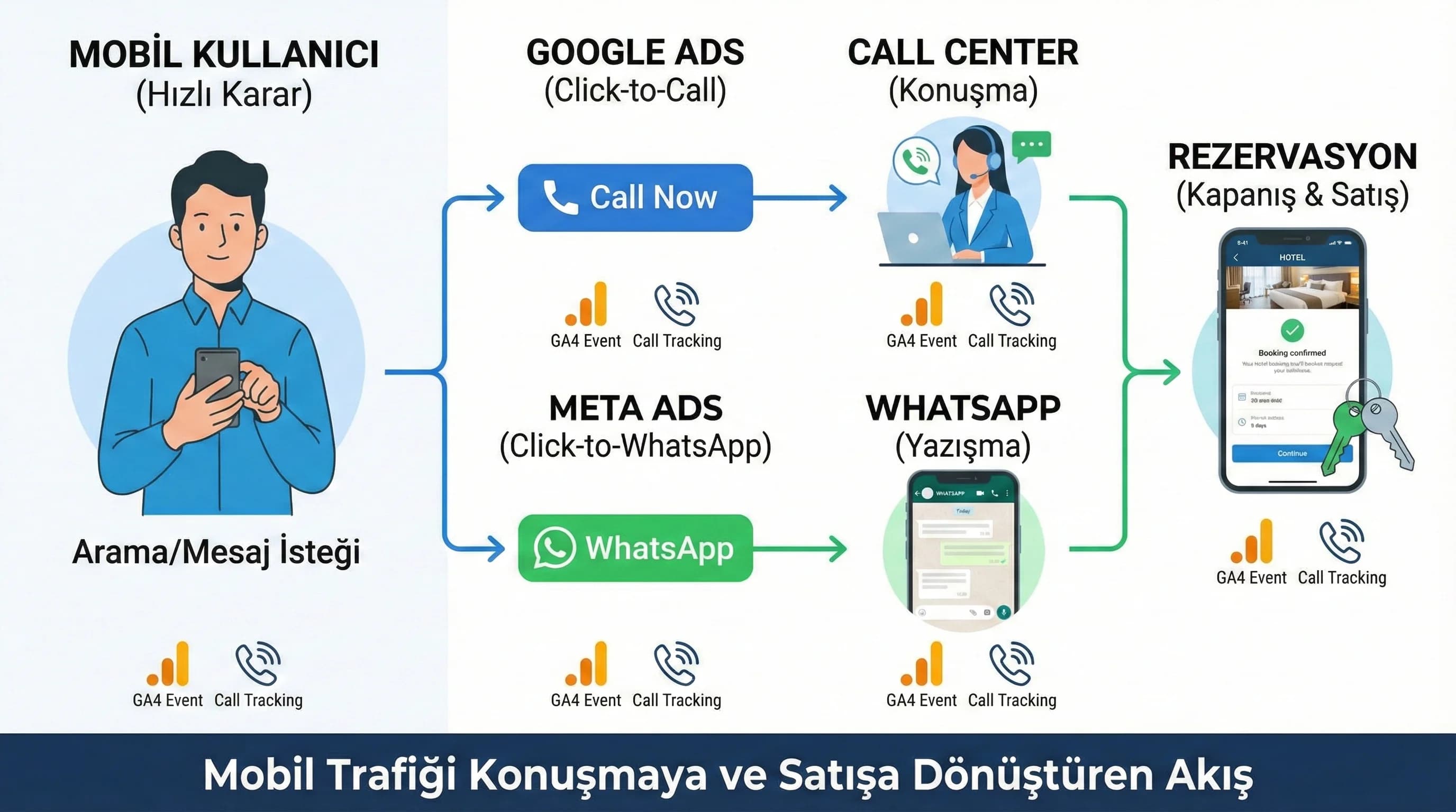 Mobil landing wireframe ve CTA hiyerarşisini otel bağlamında gösteren görsel