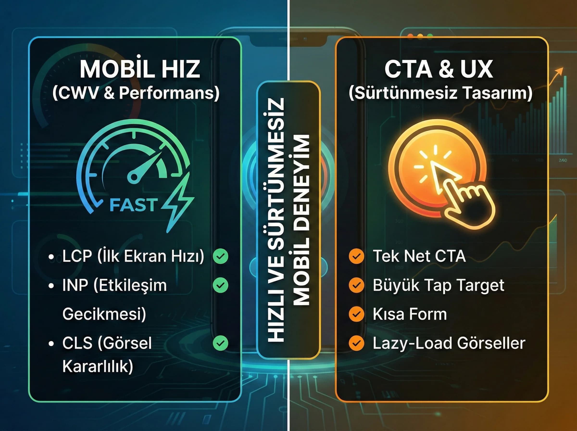 Mobil hız ve event tracking optimizasyonunu vurgulayan bölüm görseli