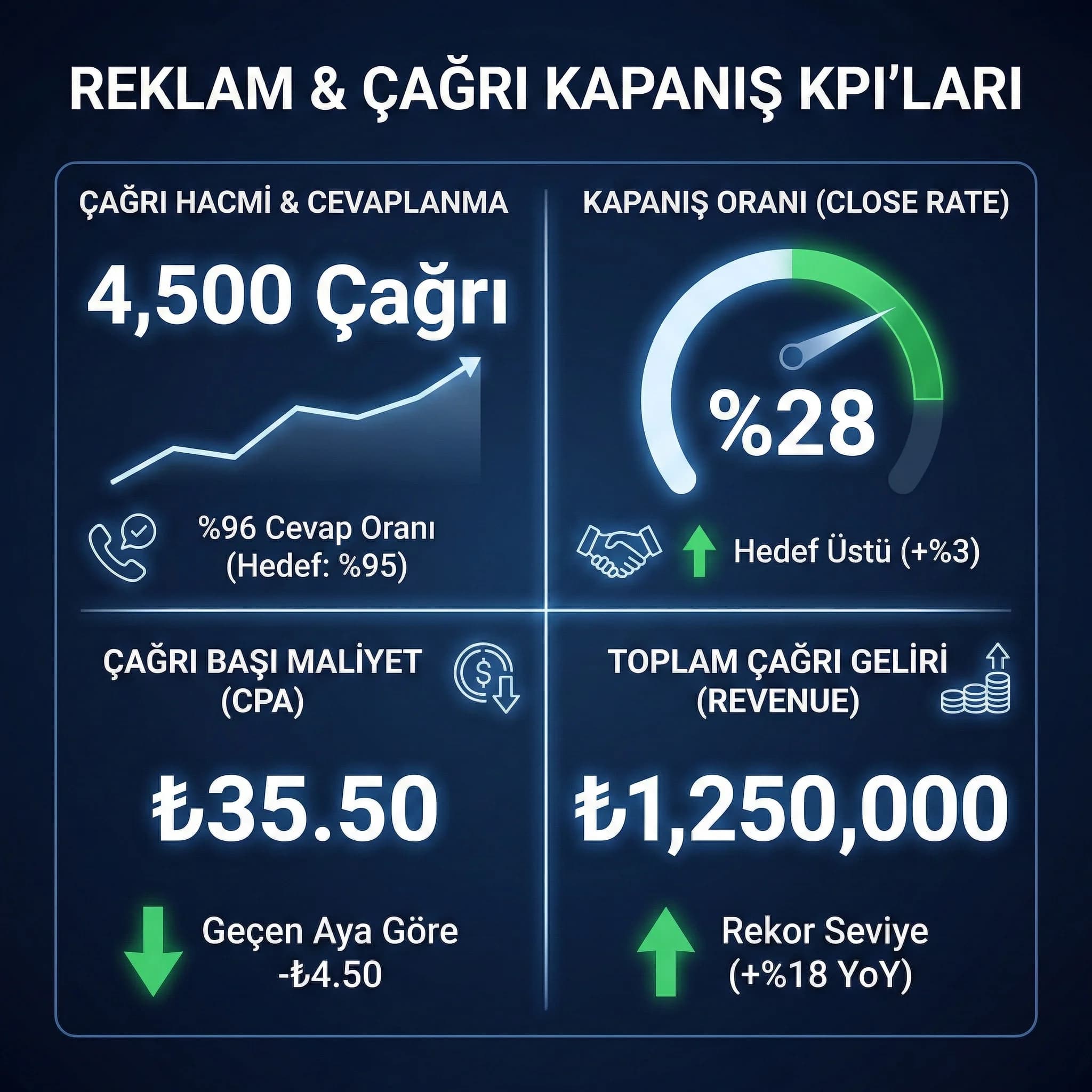 Mobil call WhatsApp tıklaması ve kapanış KPI’larını özetleyen performans kartı