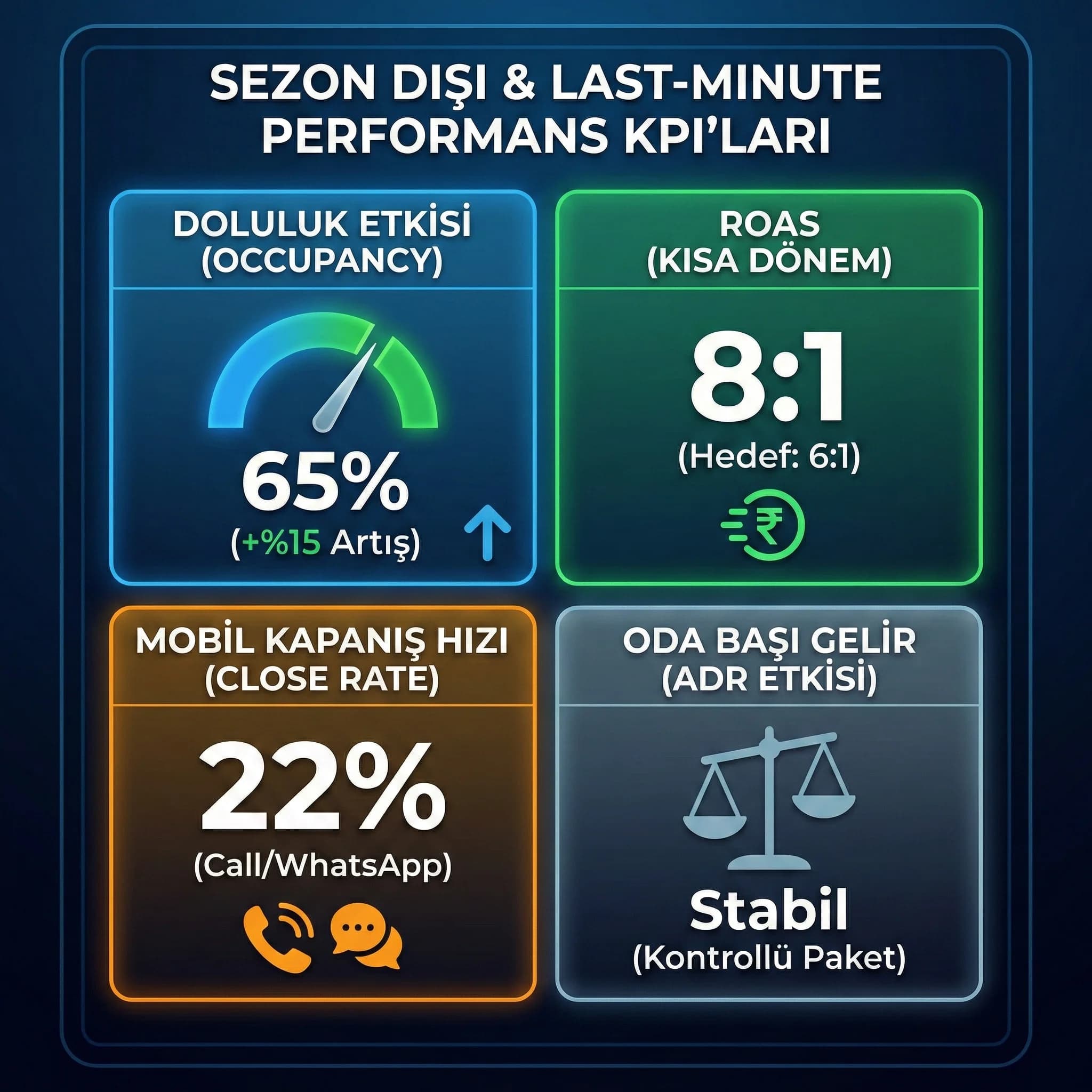 Sezon dışı kampanyalarda doluluk ROAS ve kapanış KPI’larını özetleyen kart