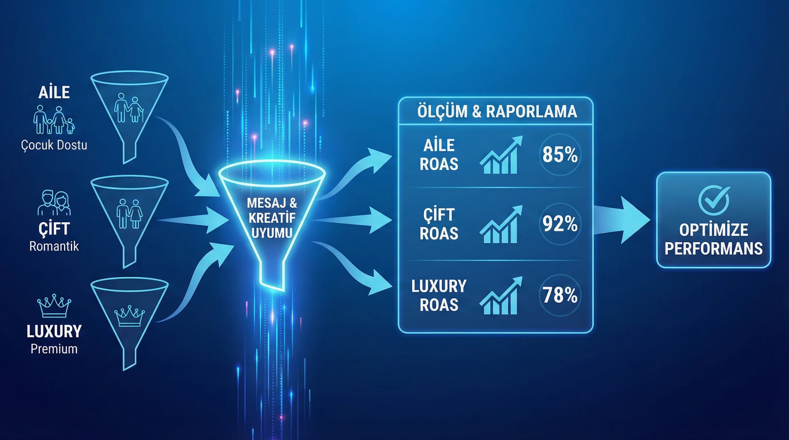 Segment mesaj teklif kreatif ve ölçüm akışını otel funnel diyagramında gösteren görsel