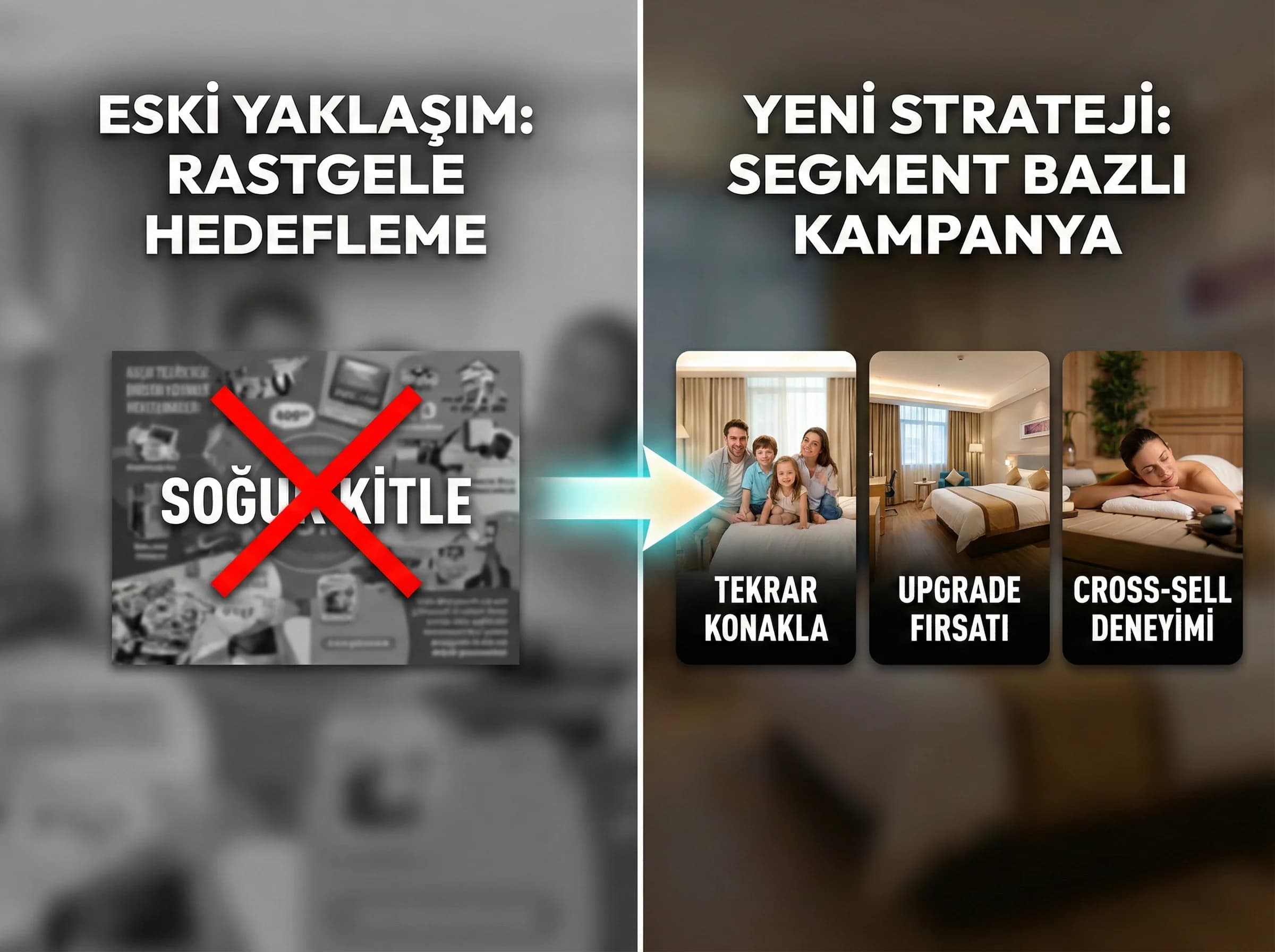 Misafir verisini segmentlere ayırıp kampanyaya taşıma mantığını vurgulayan görsel