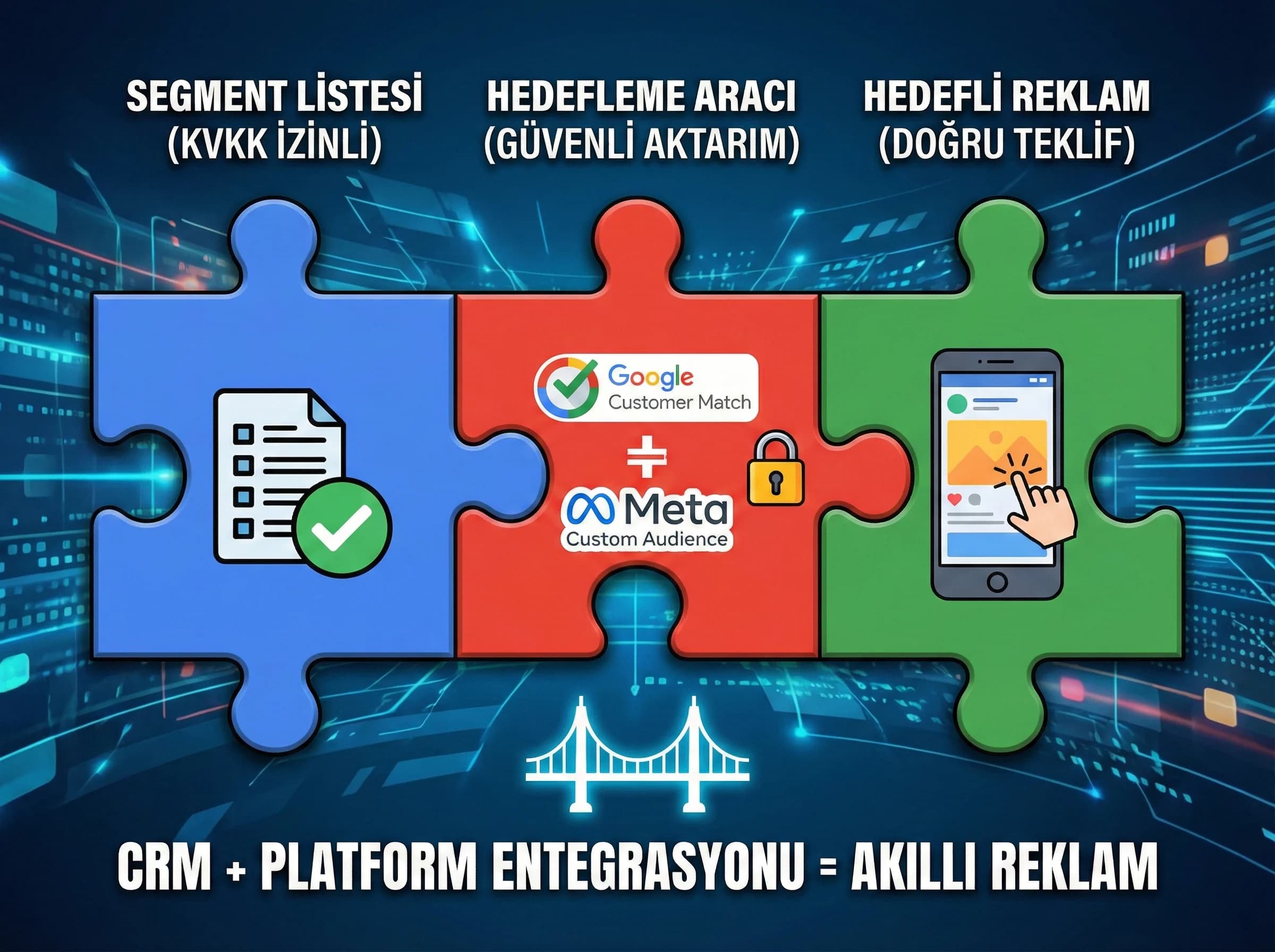Customer Match ve Custom Audience entegrasyonunu vurgulayan görsel”