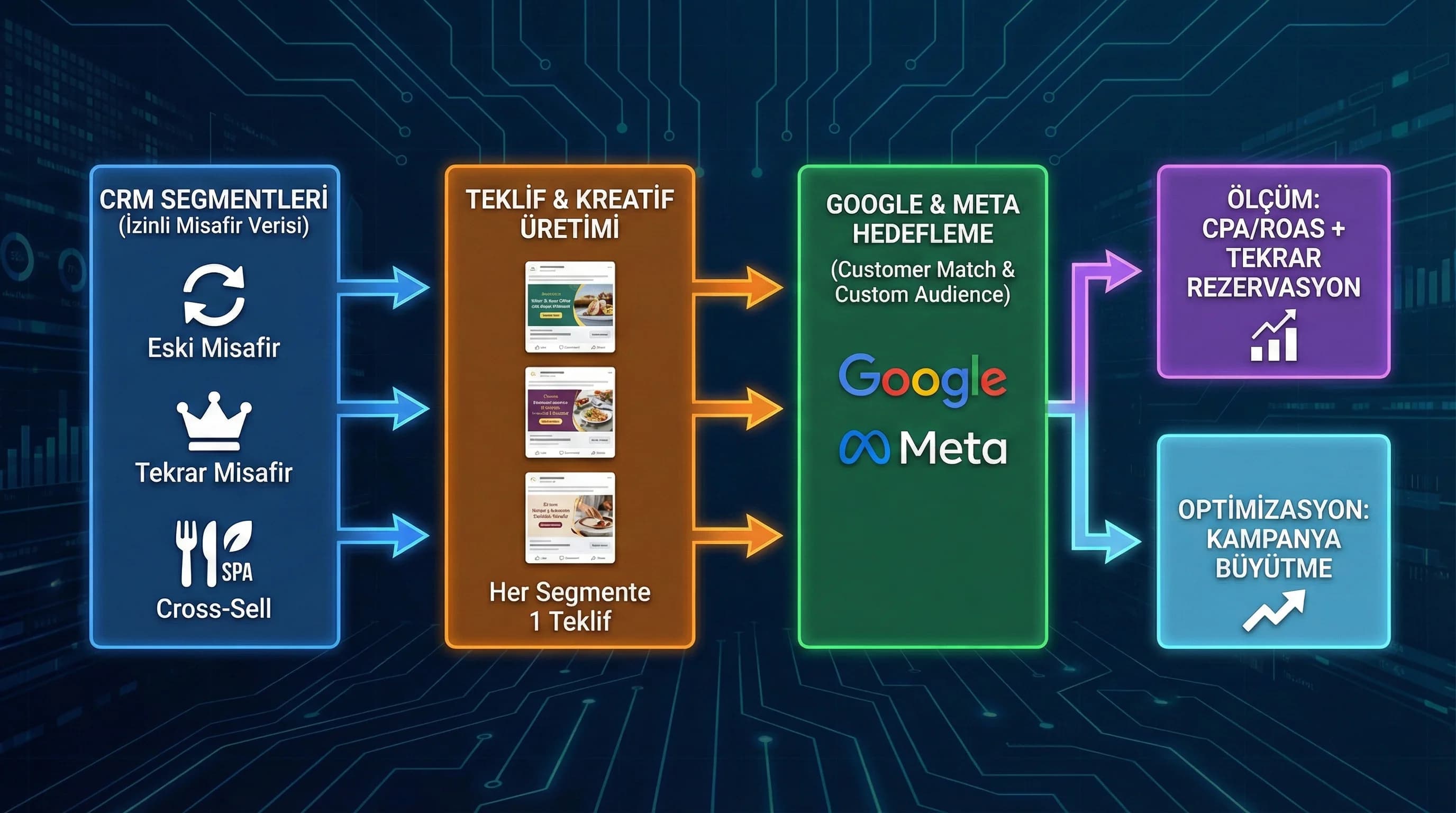 CRM segmentlerinden hedefli kampanyalara giden akış diyagramını gösteren görsel