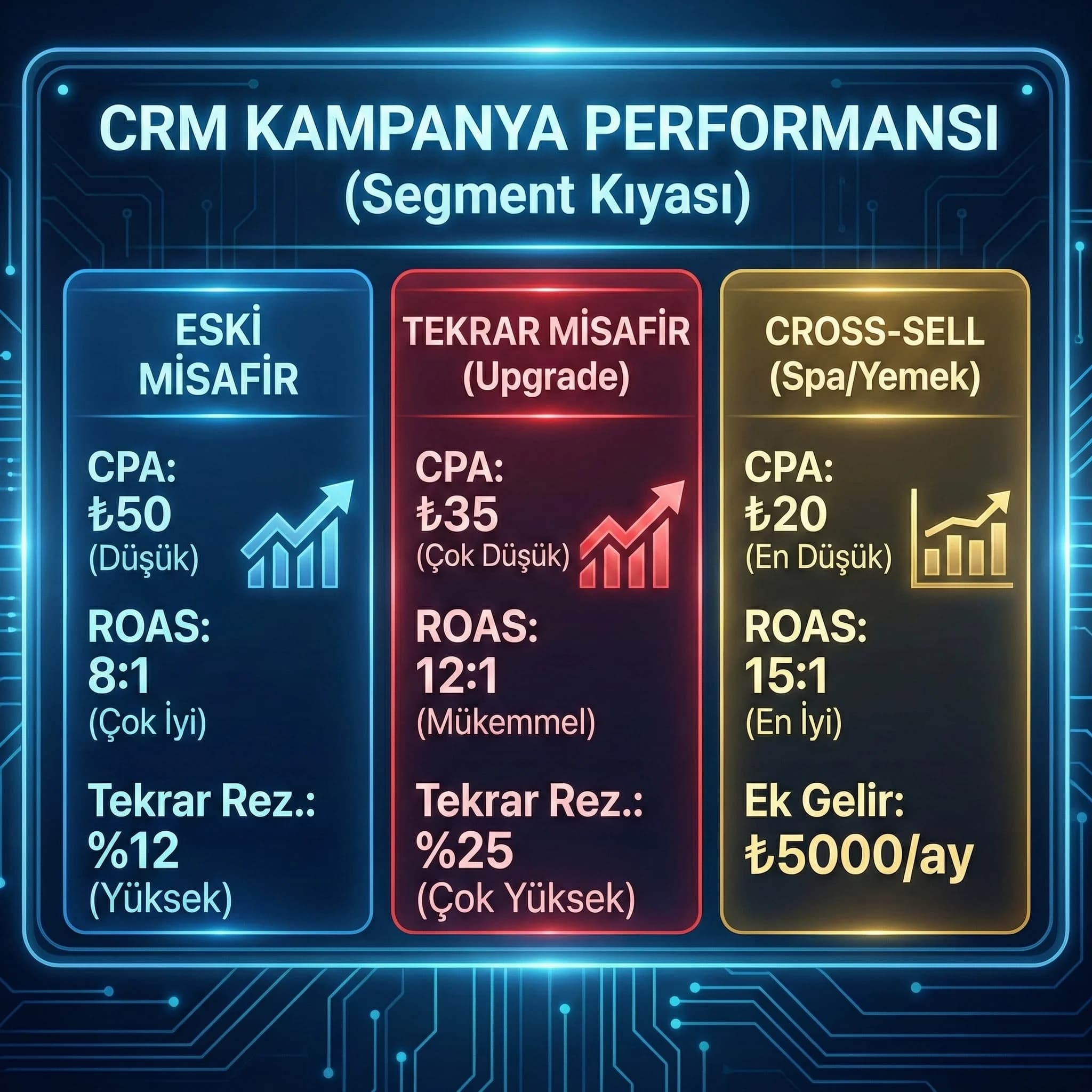 CRM segment kampanyalarının CPA ROAS ve tekrar rezervasyon etkisini özetleyen kart