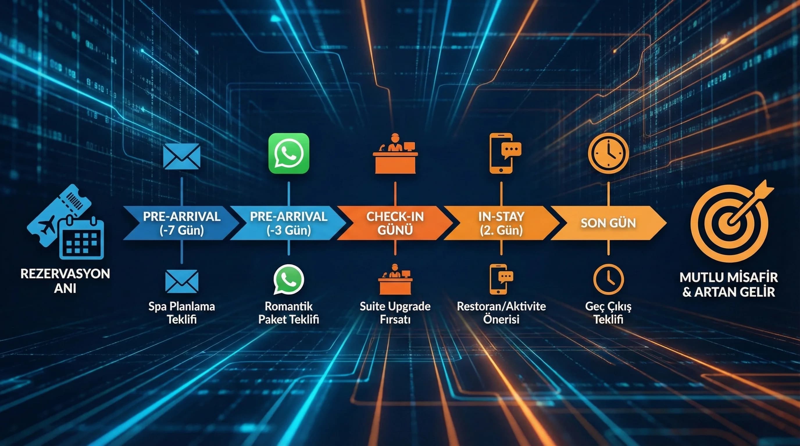 Konaklama öncesi ve sırasında cross sell upsell teklif akışını gösteren timeline diyagramı