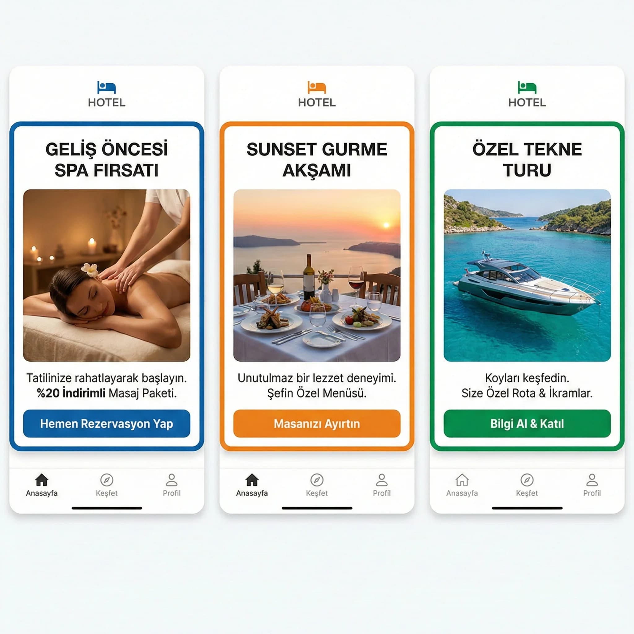 Spa restoran aktivite teklif kartlarını ve CTA örneklerini özetleyen kart