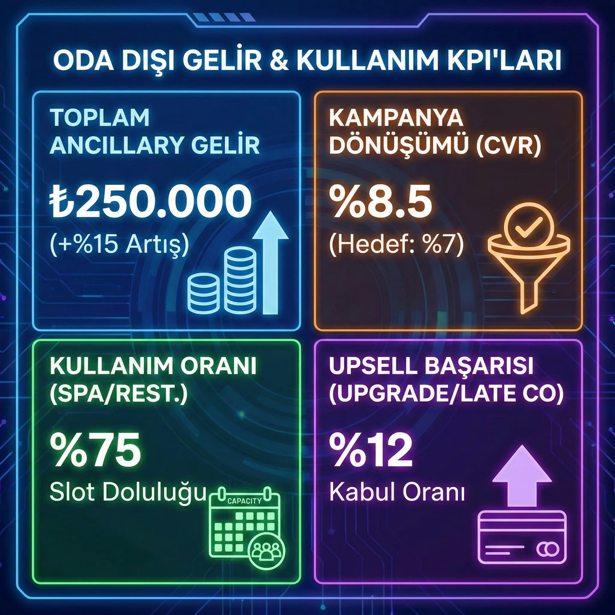 Ancillary gelir ve kullanım oranı KPI’larını otel kampanyalarında özetleyen kart