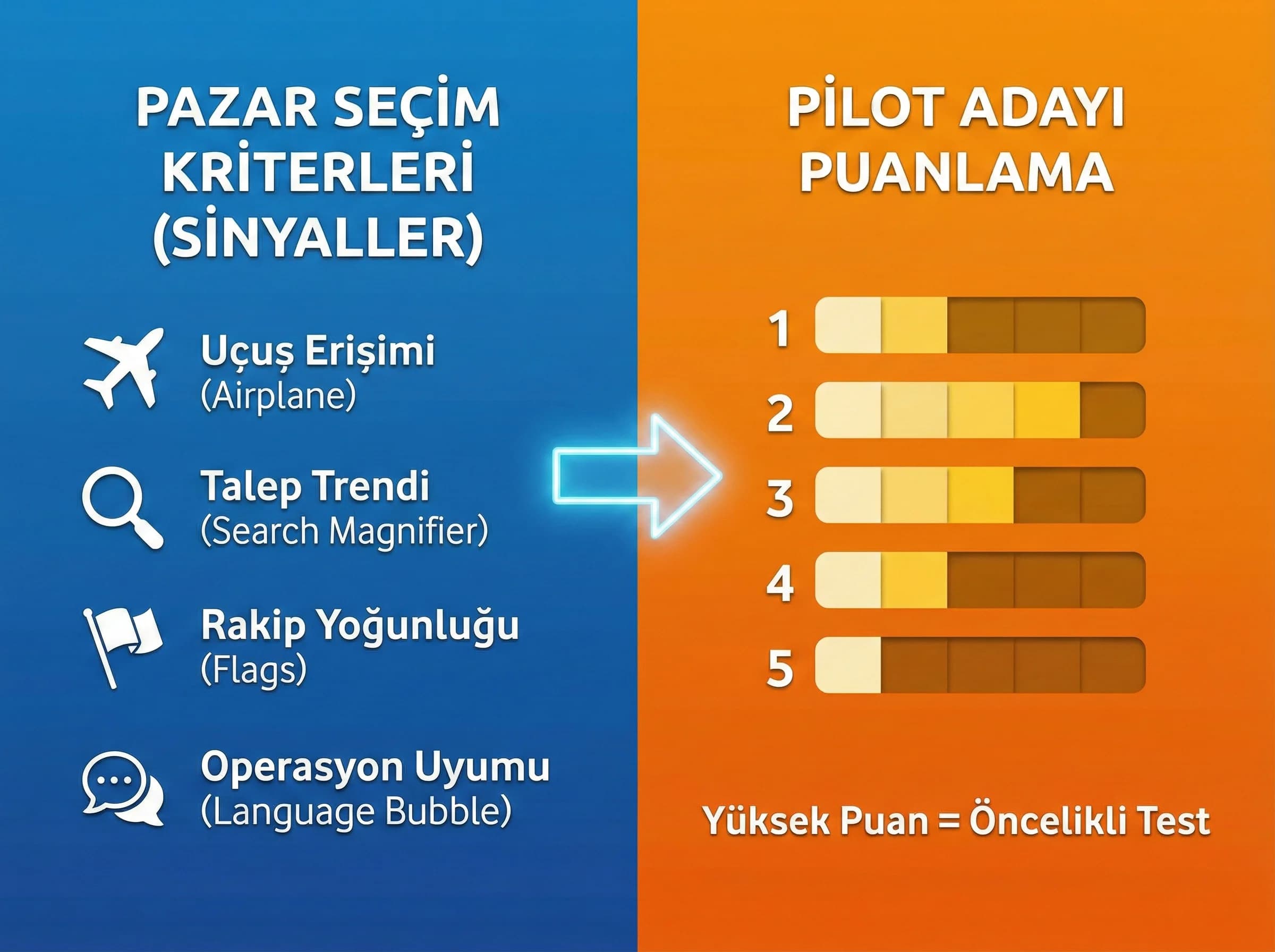 Yeni pazar seçim kriterlerini uçuş trend ve rekabet sinyaliyle ayıran bölüm görseli