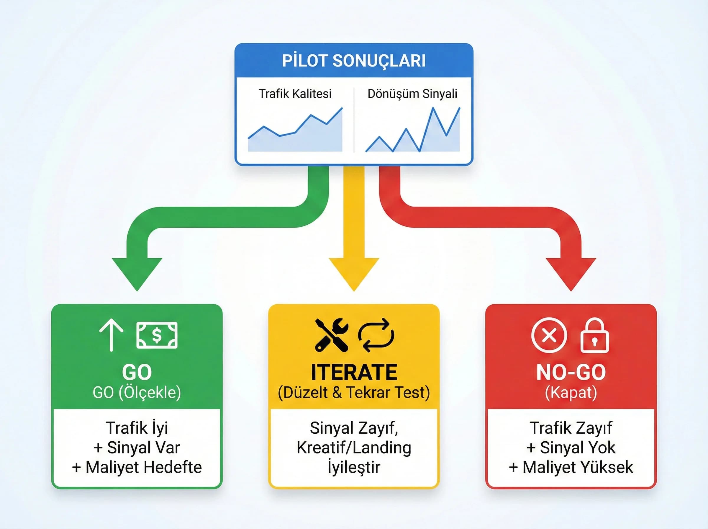 Go no go kararını ve ölçekleme mantığını vurgulayan bölüm görseli