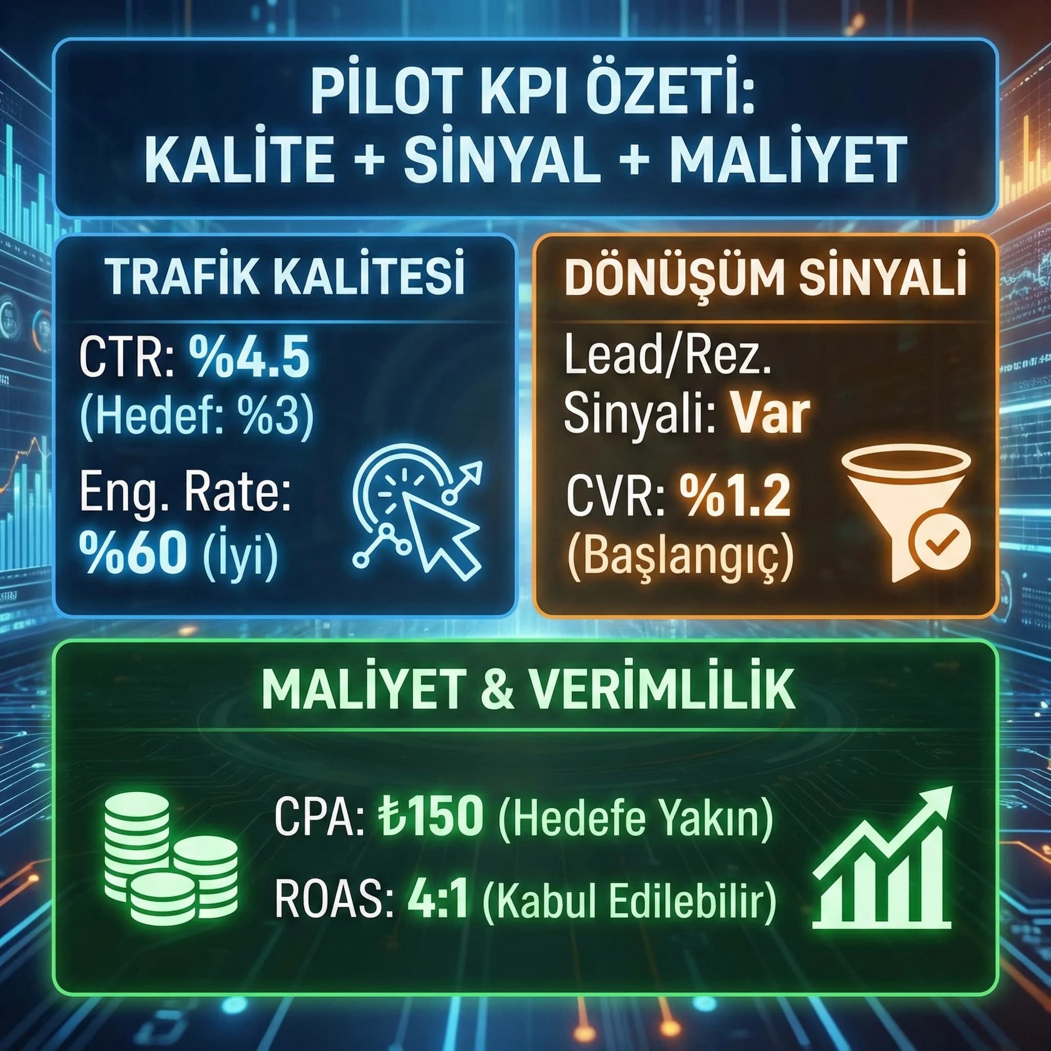 Pilot kampanya KPI’larını trafik kalitesi dönüşüm sinyali ve maliyetle özetleyen kart